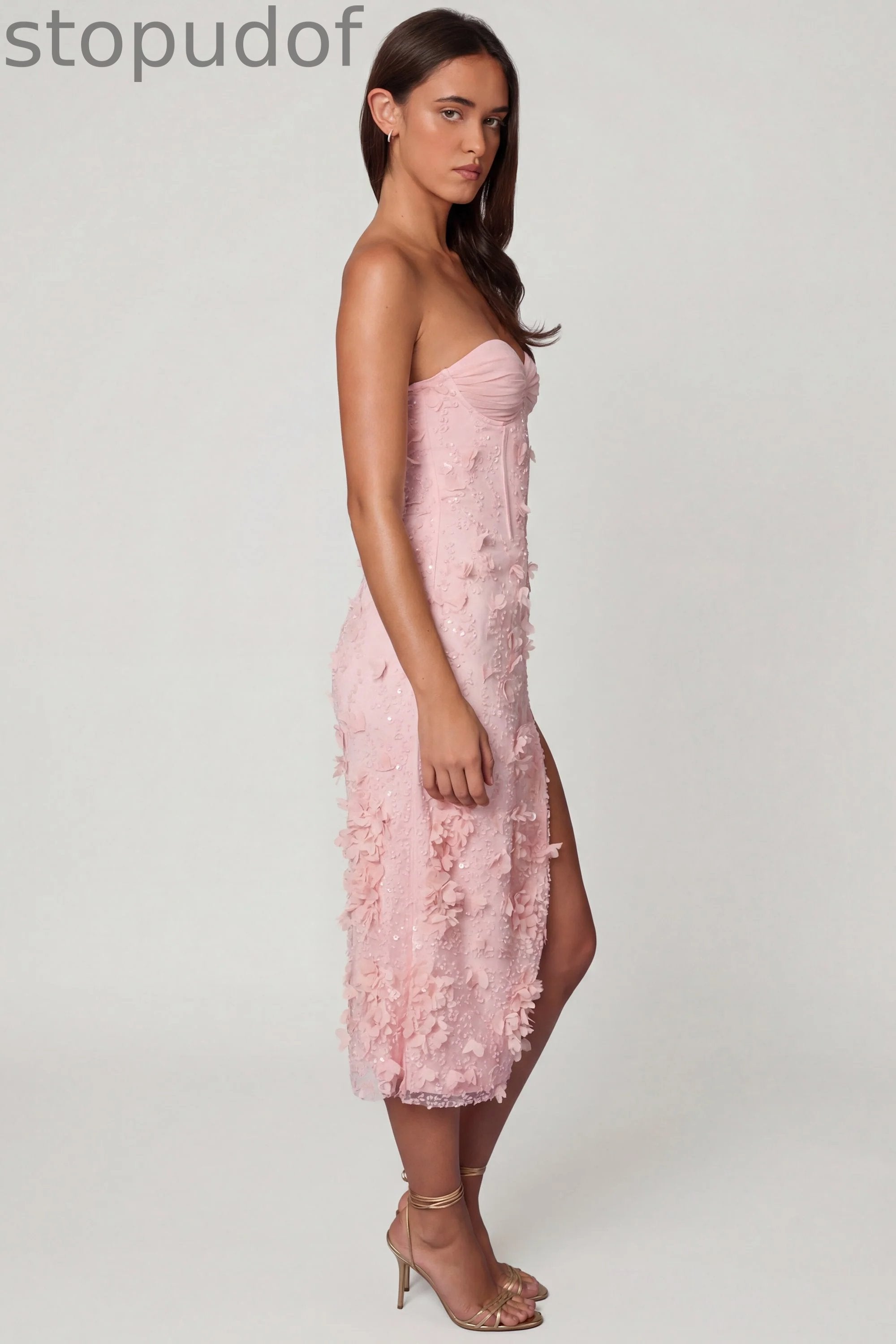 Lace-Up Corset Midaxi Dress with Split in Soft Pink