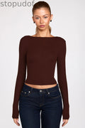 Ribbed Modal Ruched Long-Sleeve Top in Chocolate Brown