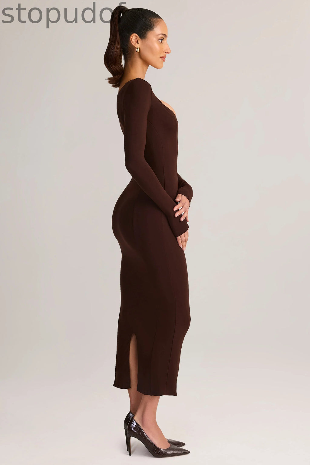Modal Peekaboo Long-Sleeve Midi Dress in Chocolate Brown