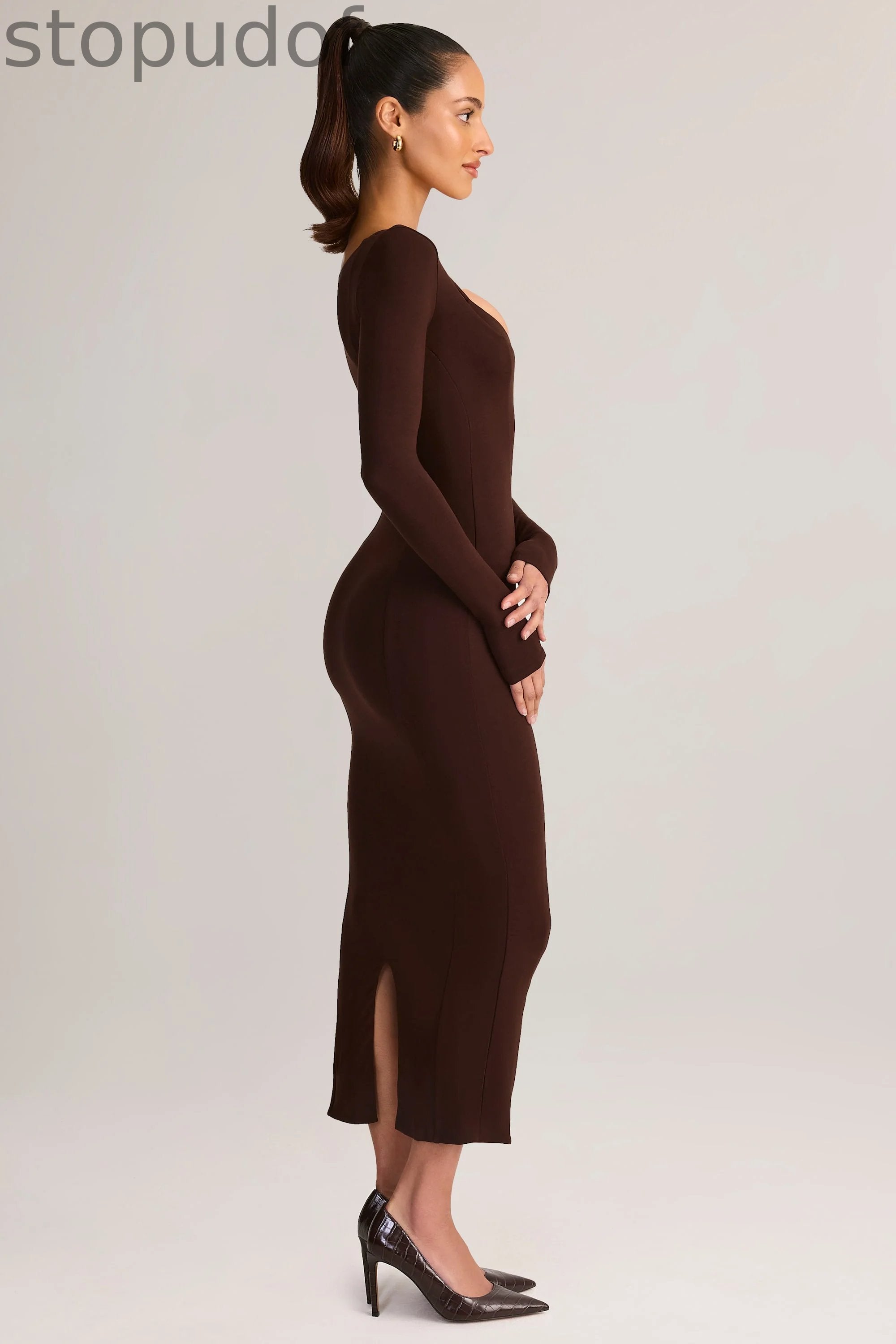 Modal Peekaboo Long-Sleeve Midi Dress in Chocolate Brown