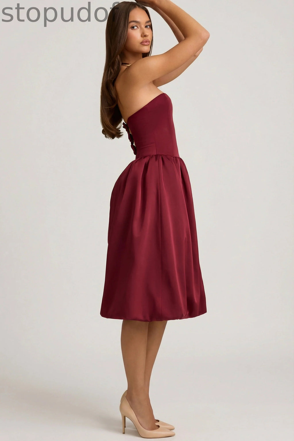 Convertible Bow-Detail Bubble Hem Midaxi Dress in Wine Red