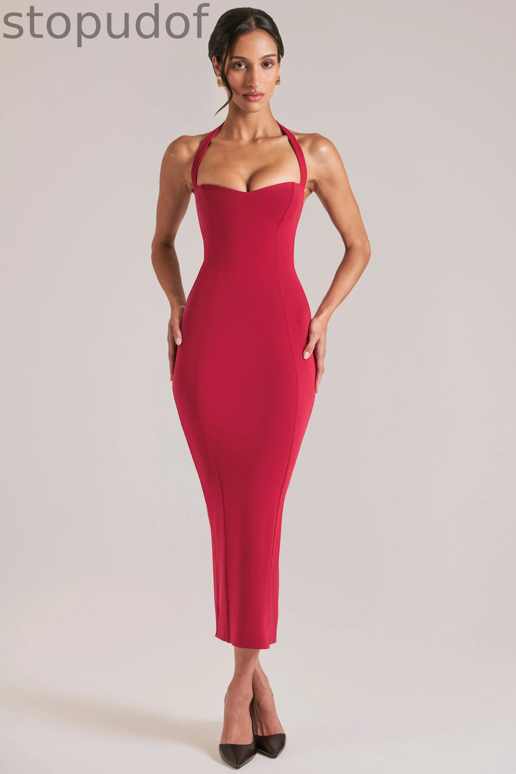 Halterneck Midaxi Dress in Cherry Red