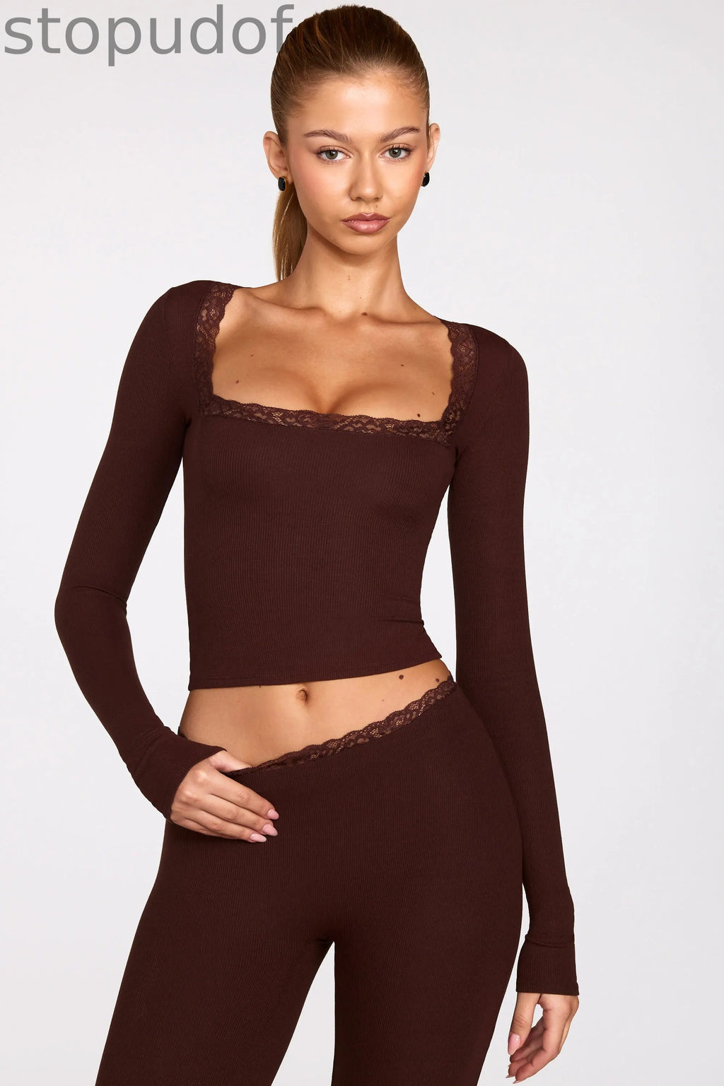 Ribbed Modal Square-Neck Long-Sleeve Top in Chocolate Brown