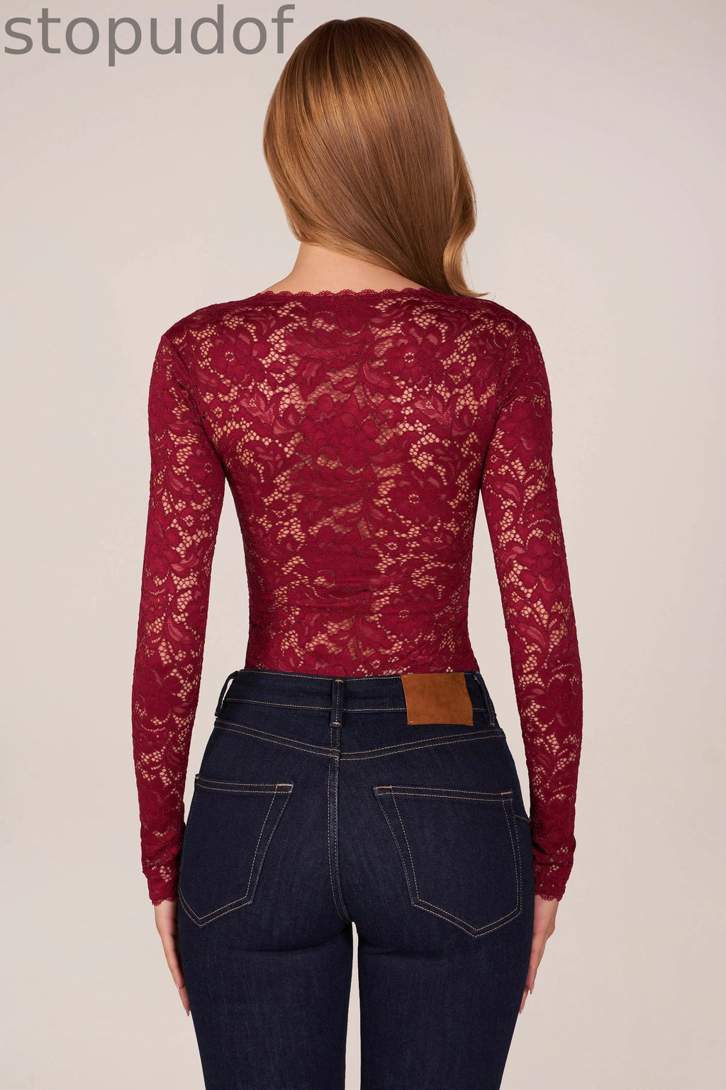 Long-Sleeve Laced Bodysuit in Wine