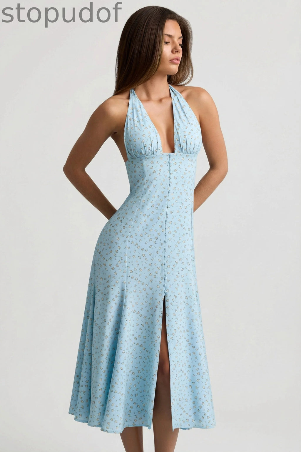 Halterneck Midaxi Dress in Blue Flower Print