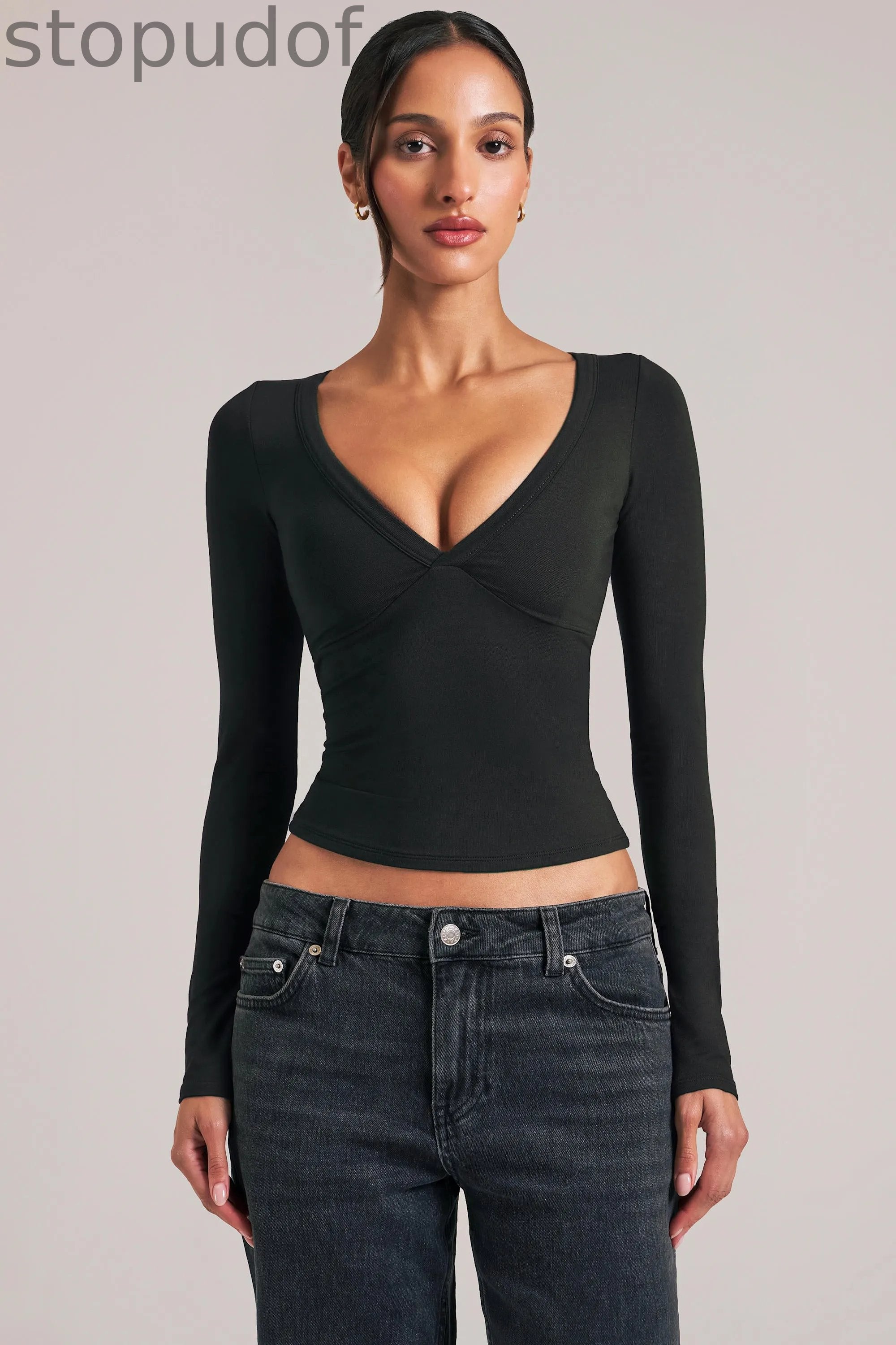 V-Neck Long-Sleeve Top  in Black
