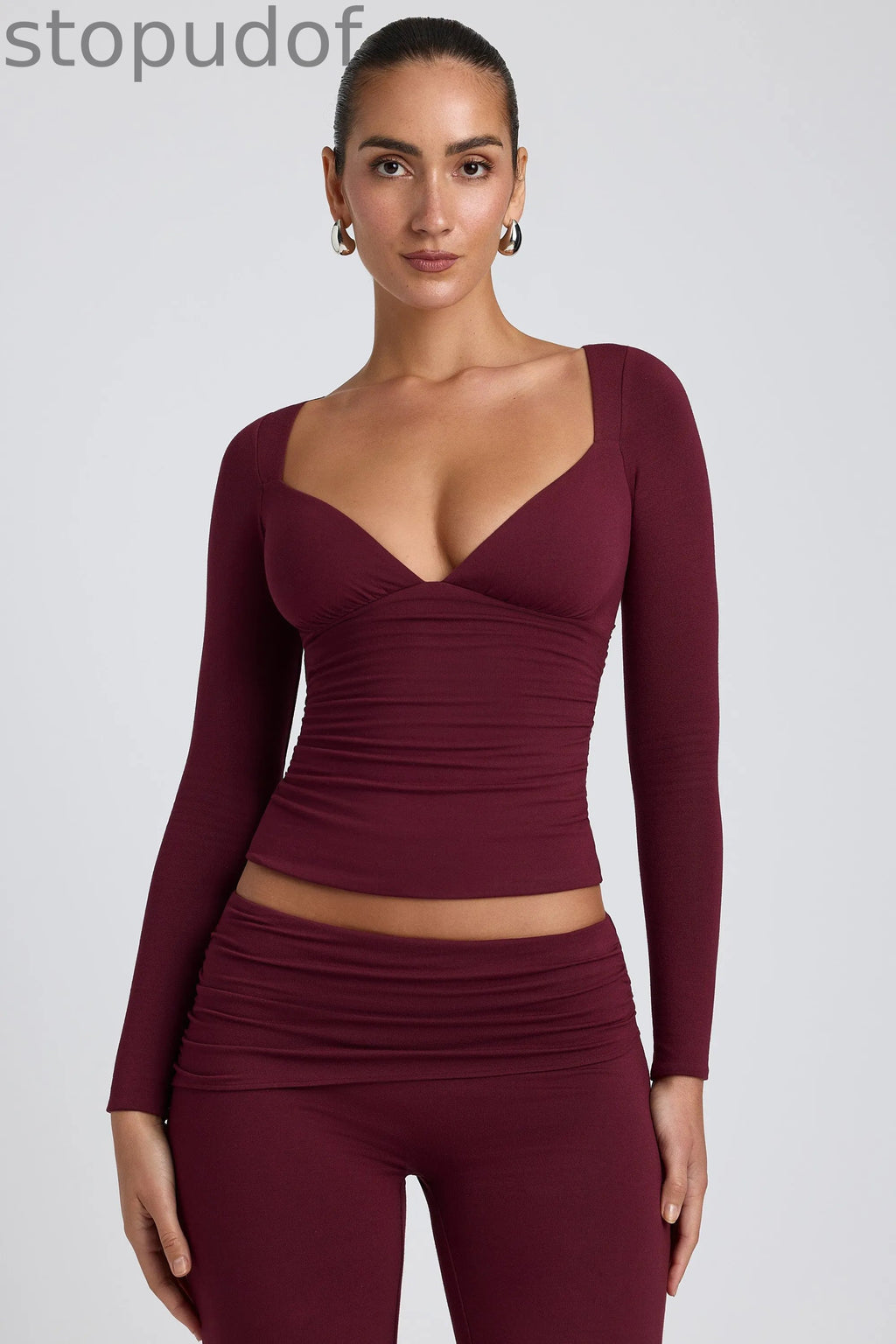 Modal Ruched Long-Sleeve Top in Plum