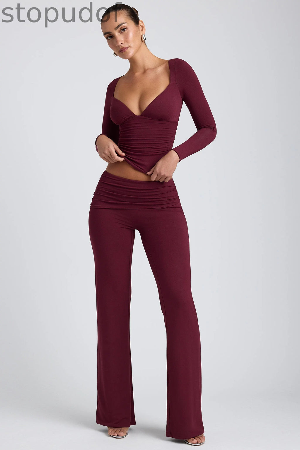 Modal Ruched Long-Sleeve Top in Plum