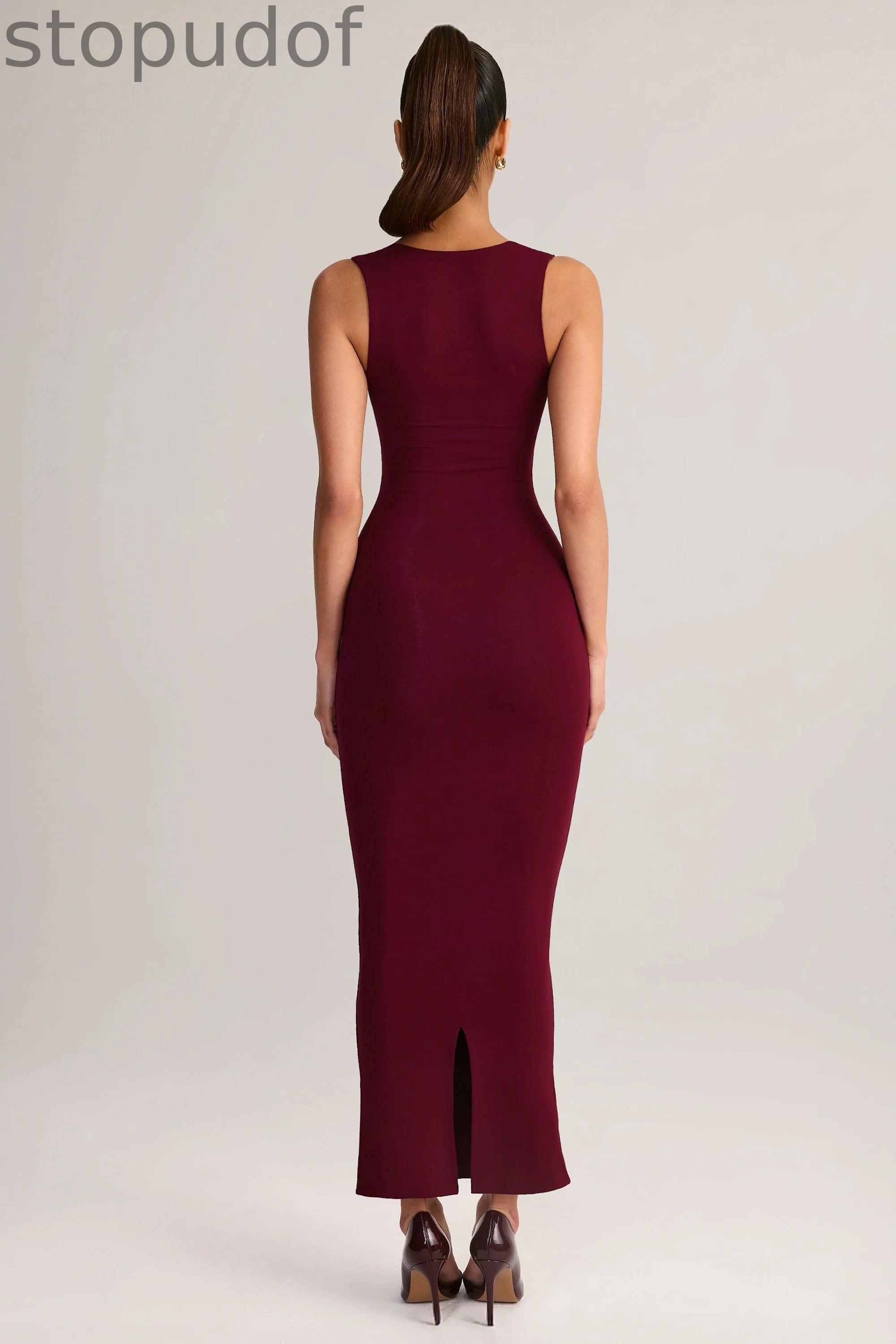 Modal Square-Neck Bodycon Midi Dress in Wine