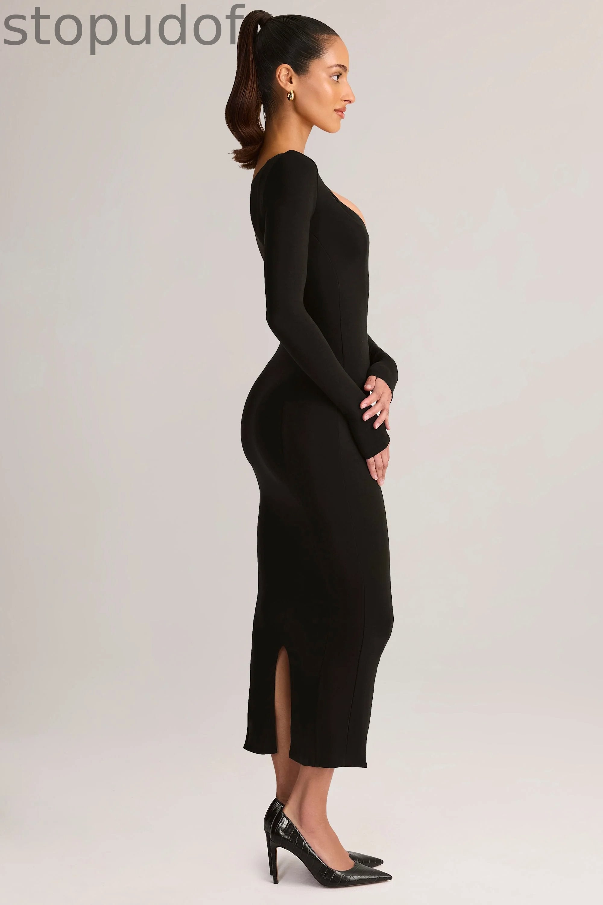 Modal Peekaboo Long-Sleeve Midi Dress in Black