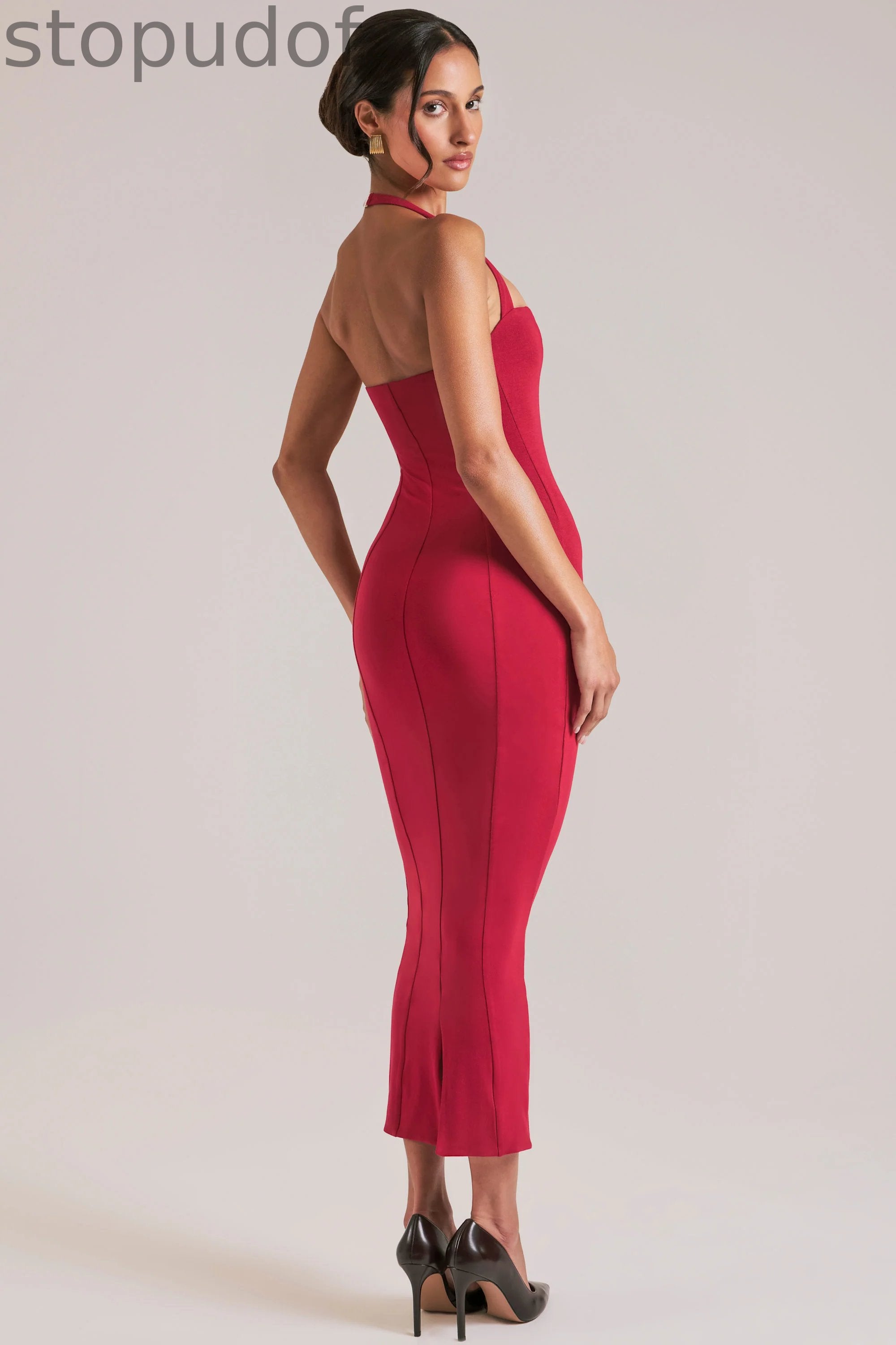 Halterneck Midaxi Dress in Cherry Red