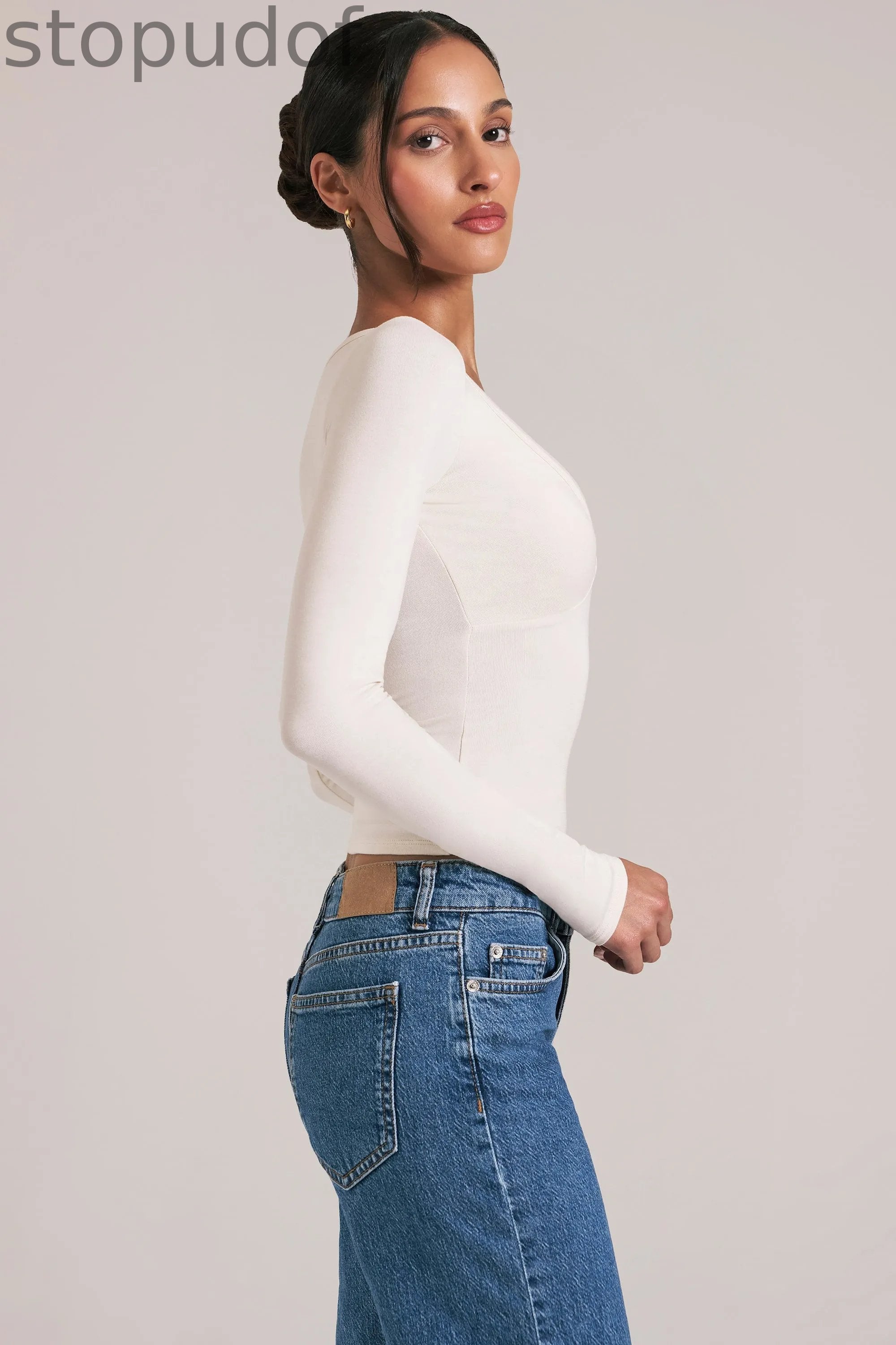 V-Neck Long-Sleeve Top  in Vanilla