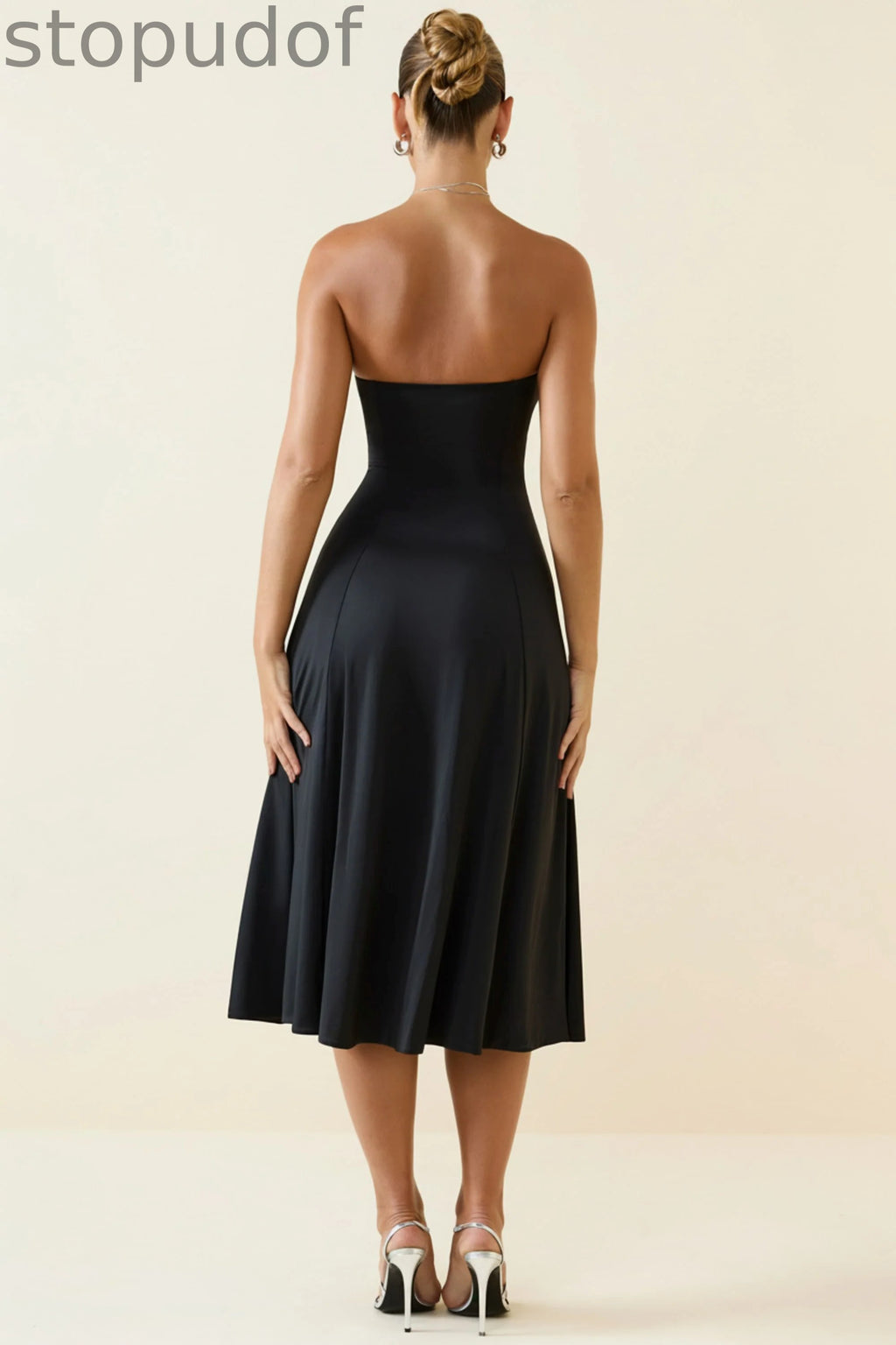 Slinky Jersey Strapless A-Line Midaxi Dress in Black