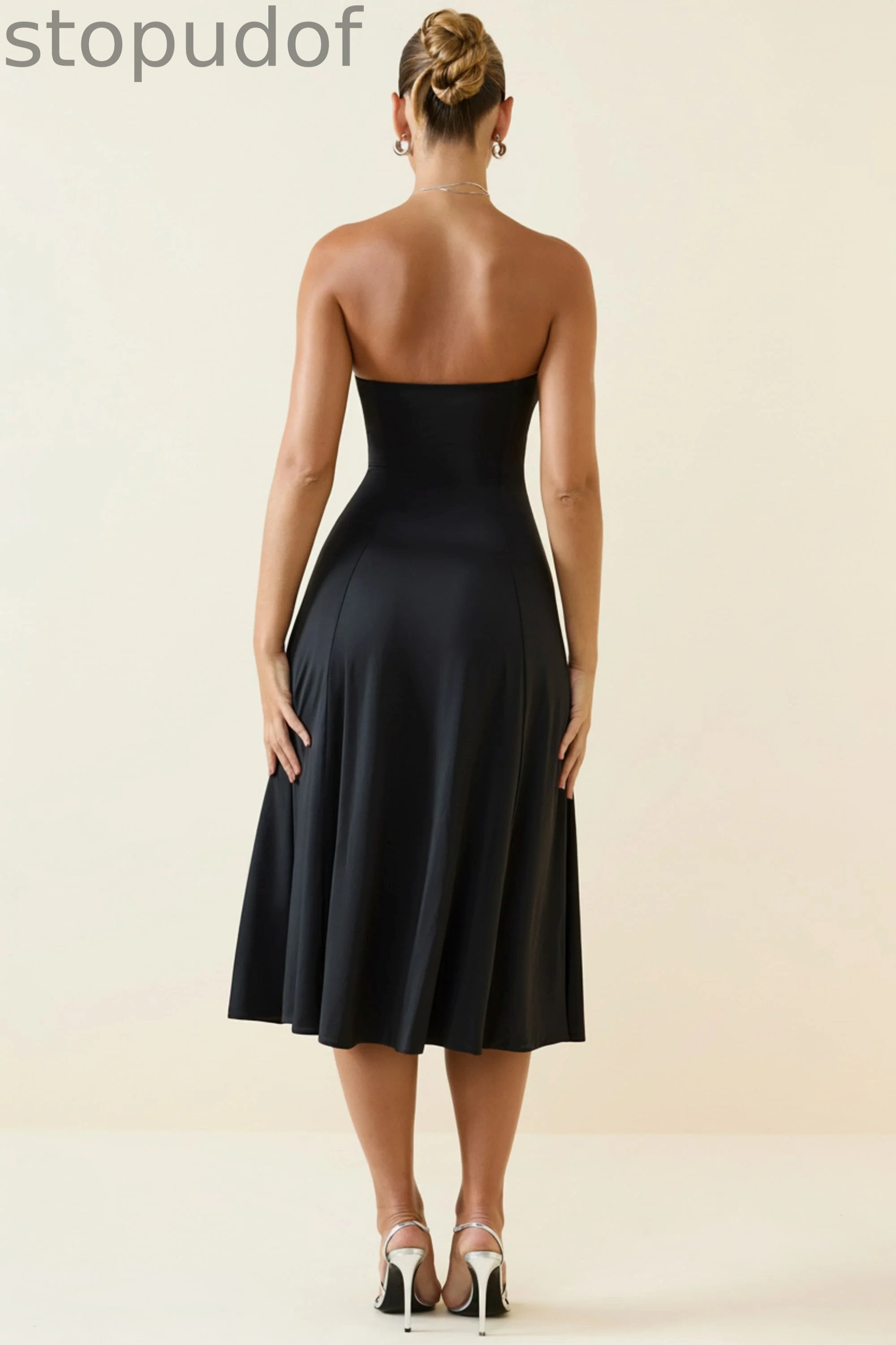 Slinky Jersey Strapless A-Line Midaxi Dress in Black