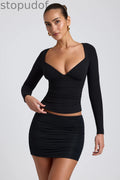 Modal Ruched Long-Sleeve Top in Black