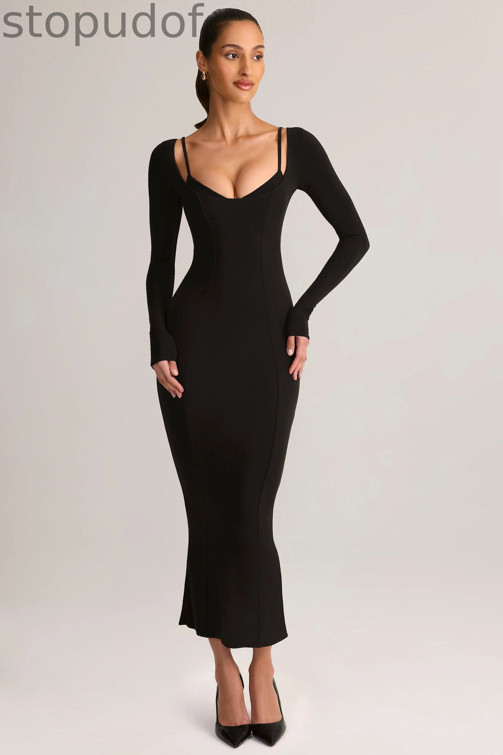 Modal Peekaboo Long-Sleeve Midi Dress in Black