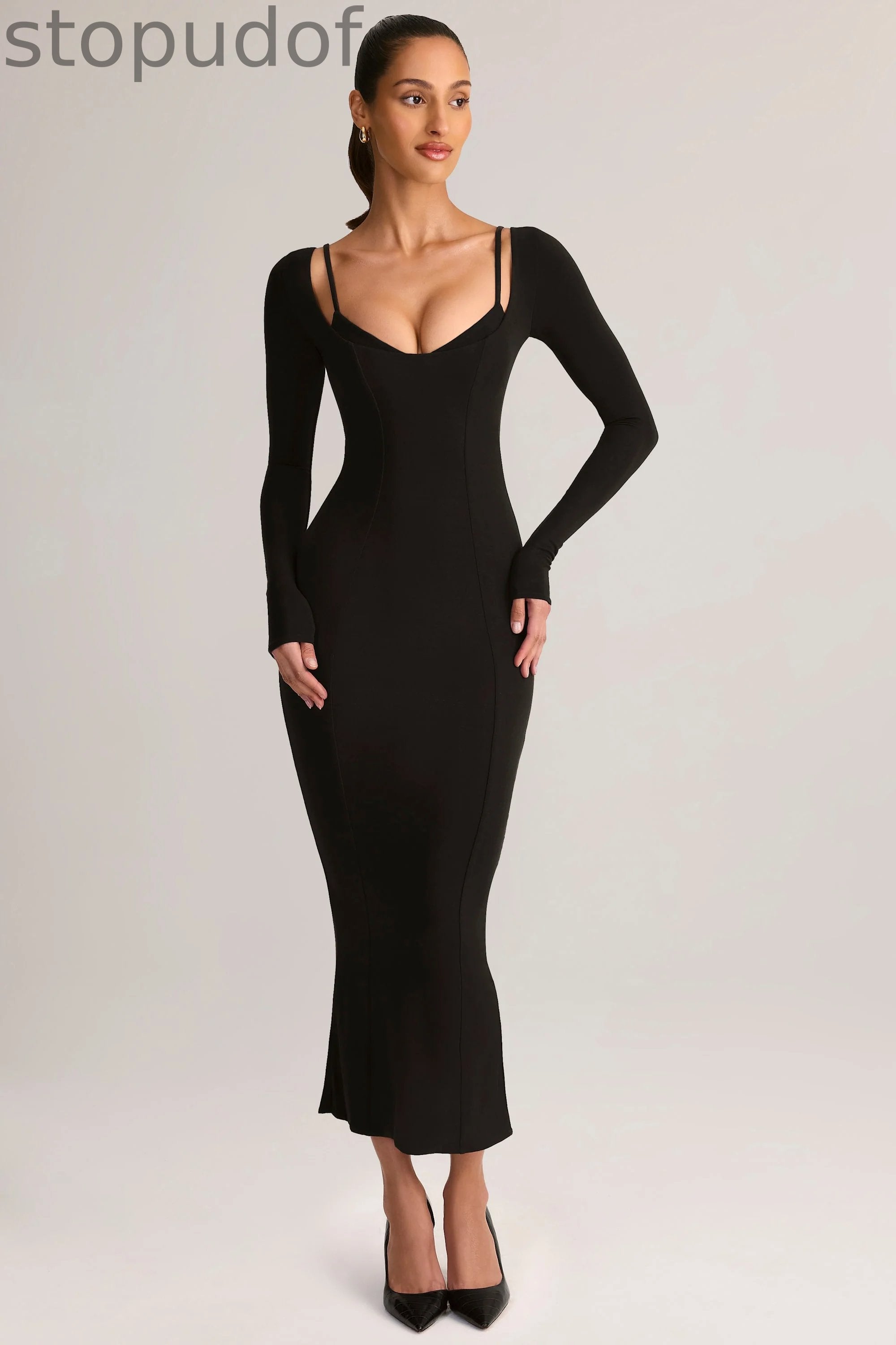 Modal Peekaboo Long-Sleeve Midi Dress in Black
