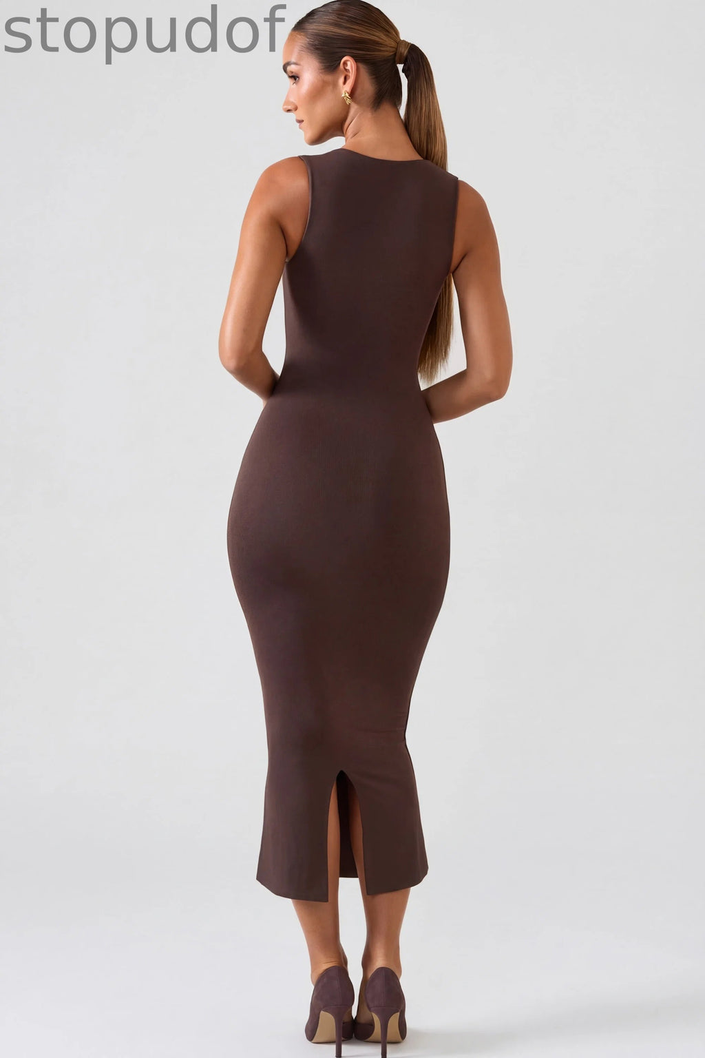 Square Neck Midi Dress in Chocolate Brown