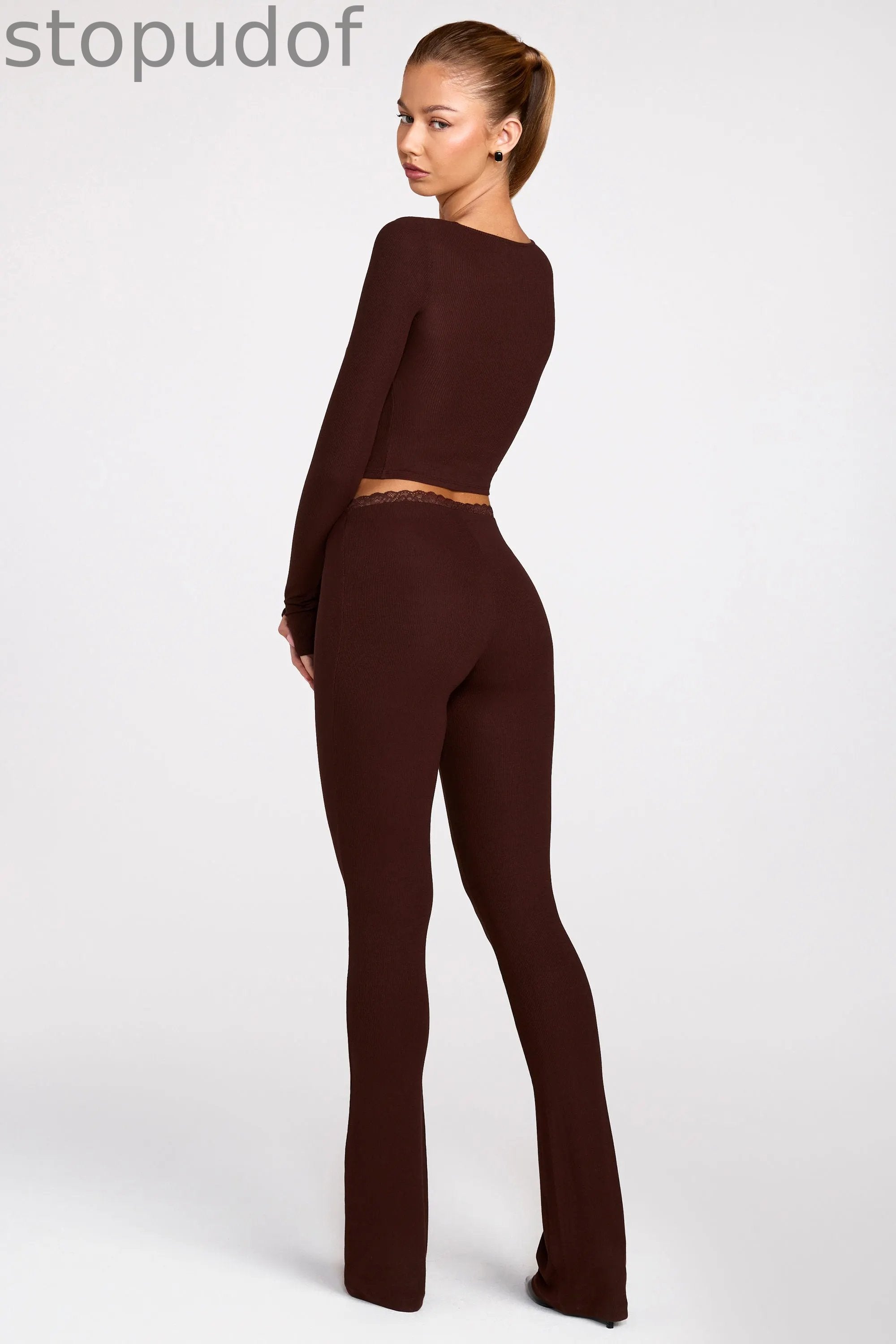 Modal Mid-Rise Flared Trousers in Chocolate Brown