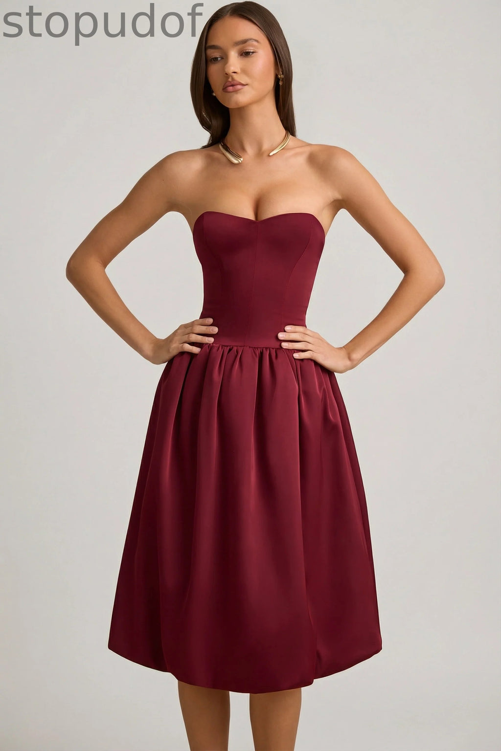 Convertible Bow-Detail Bubble Hem Midaxi Dress in Wine Red
