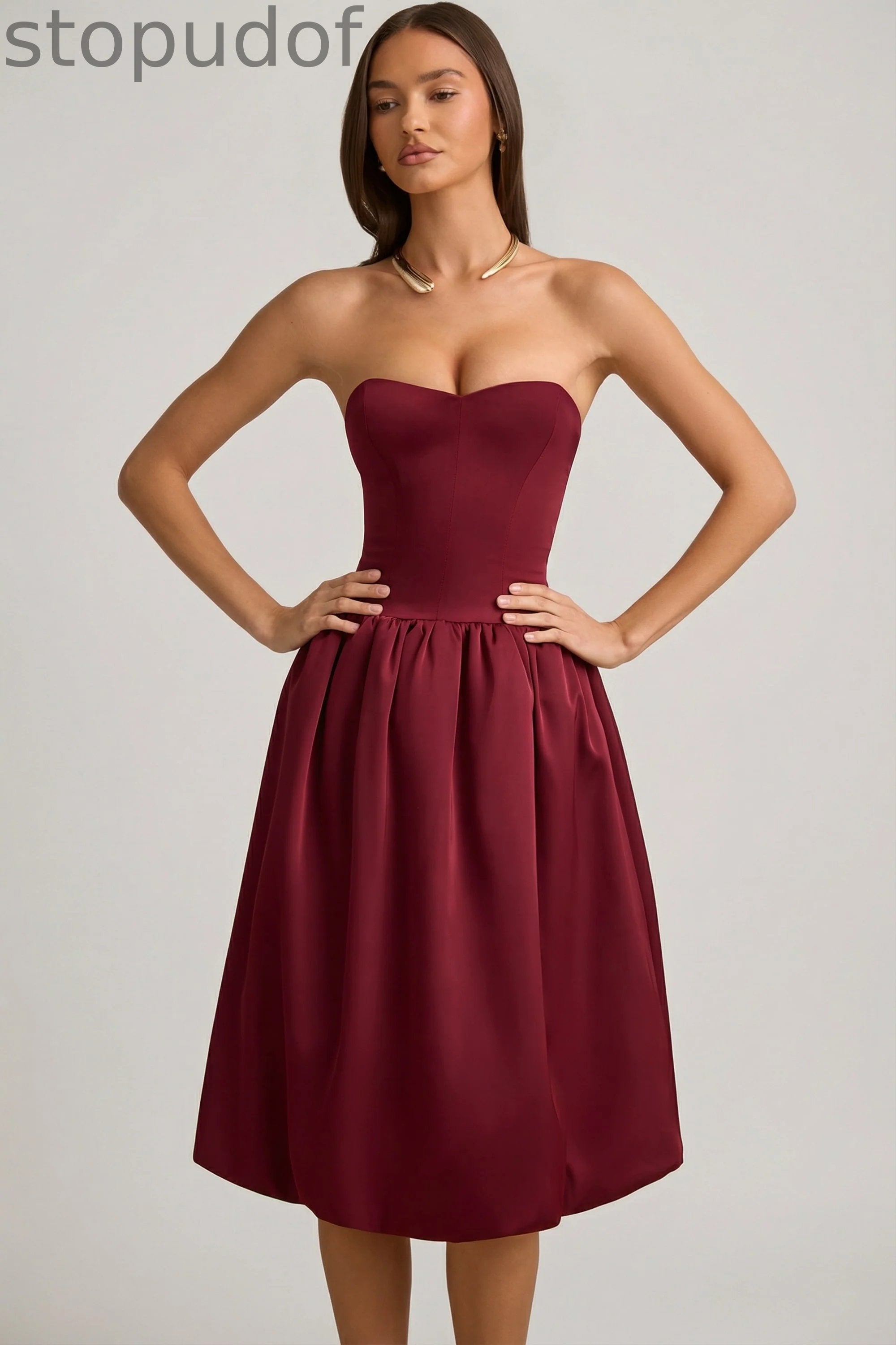 Convertible Bow-Detail Bubble Hem Midaxi Dress in Wine Red