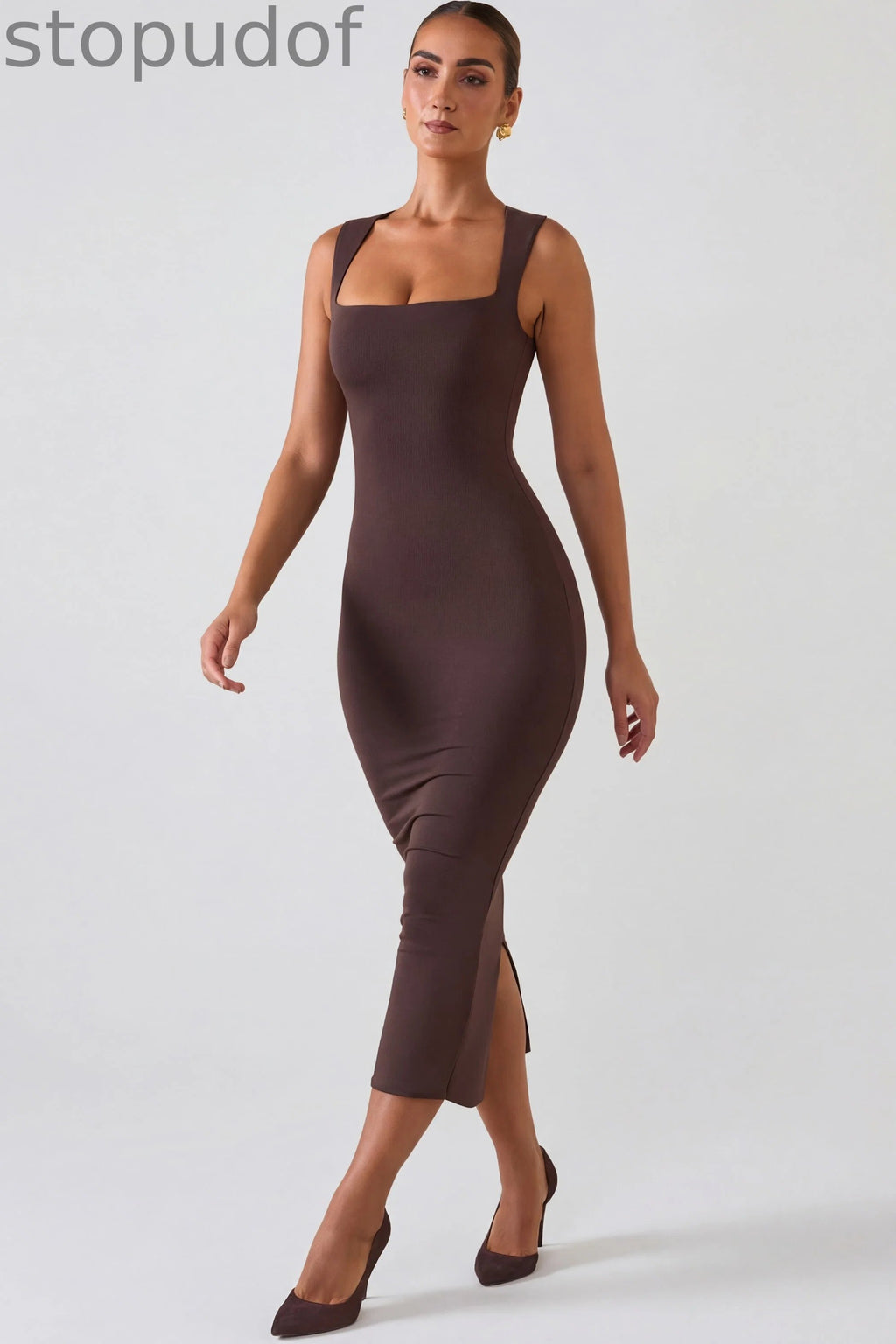 Square Neck Midi Dress in Chocolate Brown