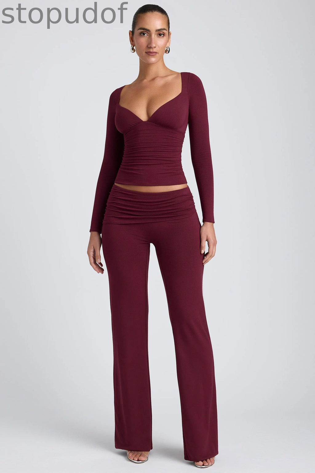 Modal Ruched Long-Sleeve Top in Plum