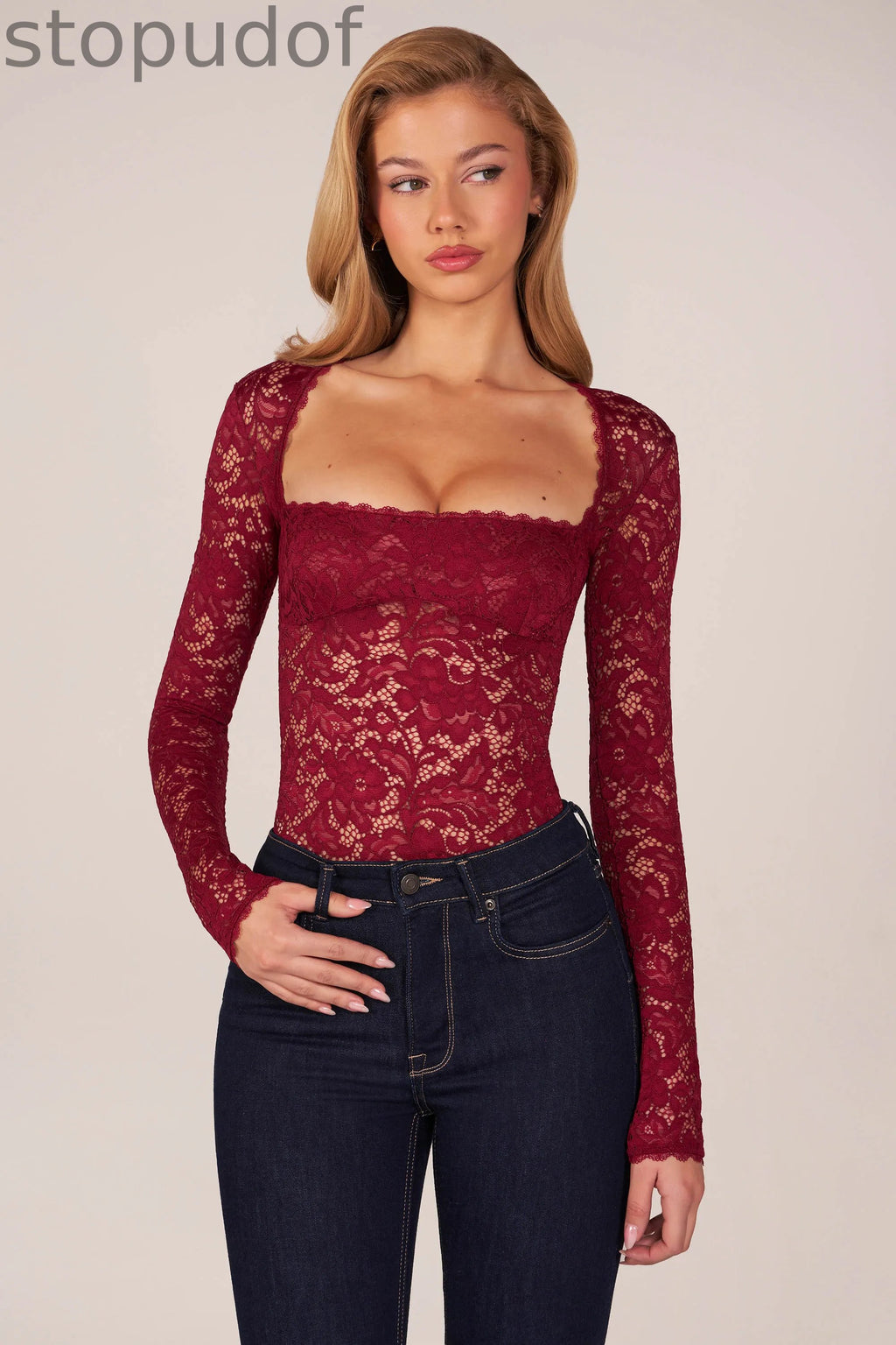 Long-Sleeve Laced Bodysuit in Wine