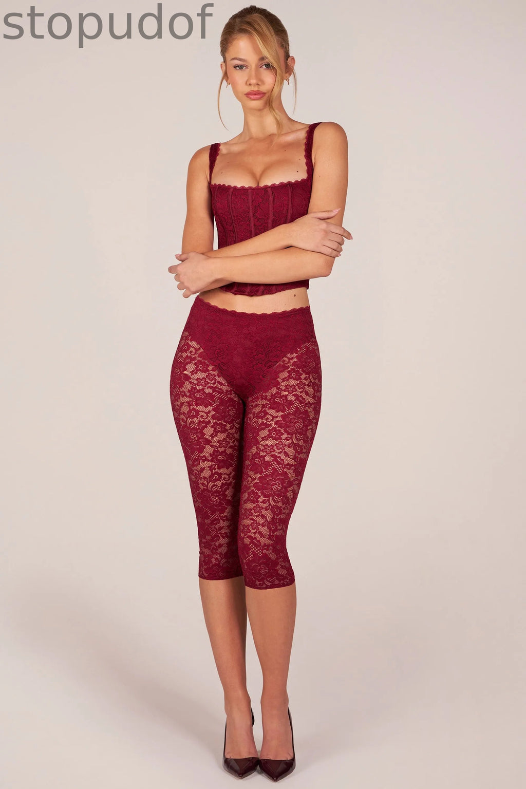 Laced Capri Trousers  in Cherry Red