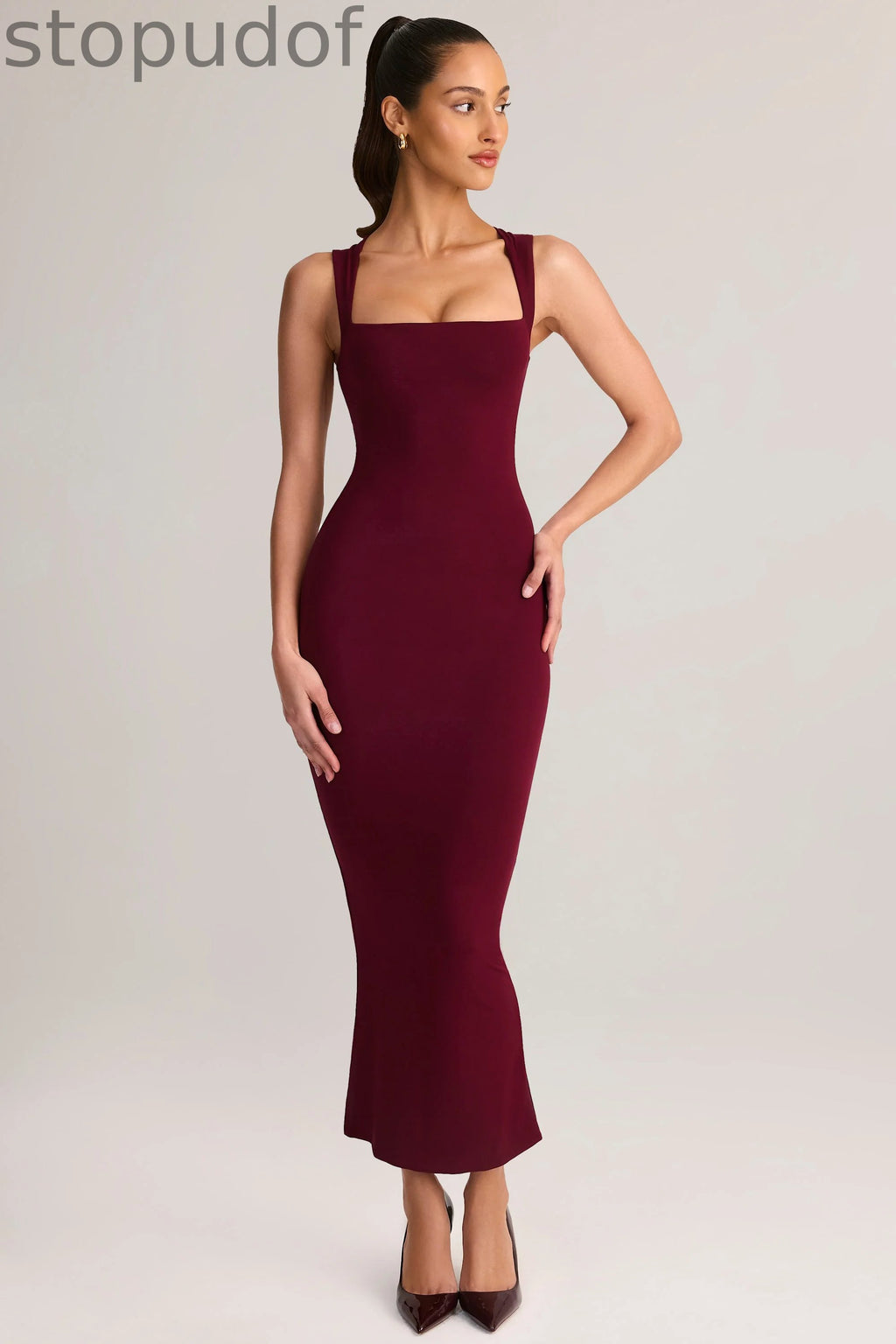 Modal Square-Neck Bodycon Midi Dress in Wine