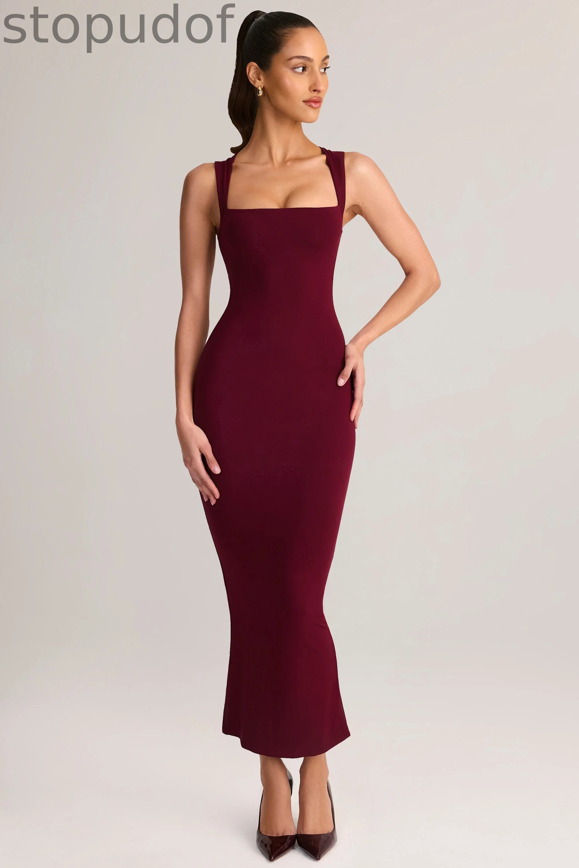 Modal Square-Neck Bodycon Midi Dress in Wine