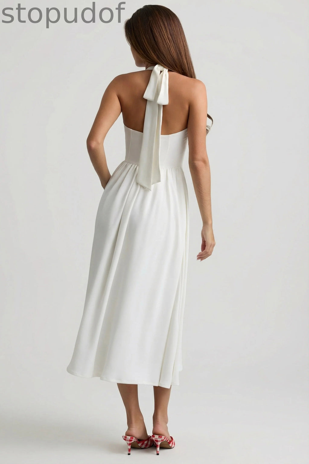 Button-Detail Halterneck Midaxi Dress in White