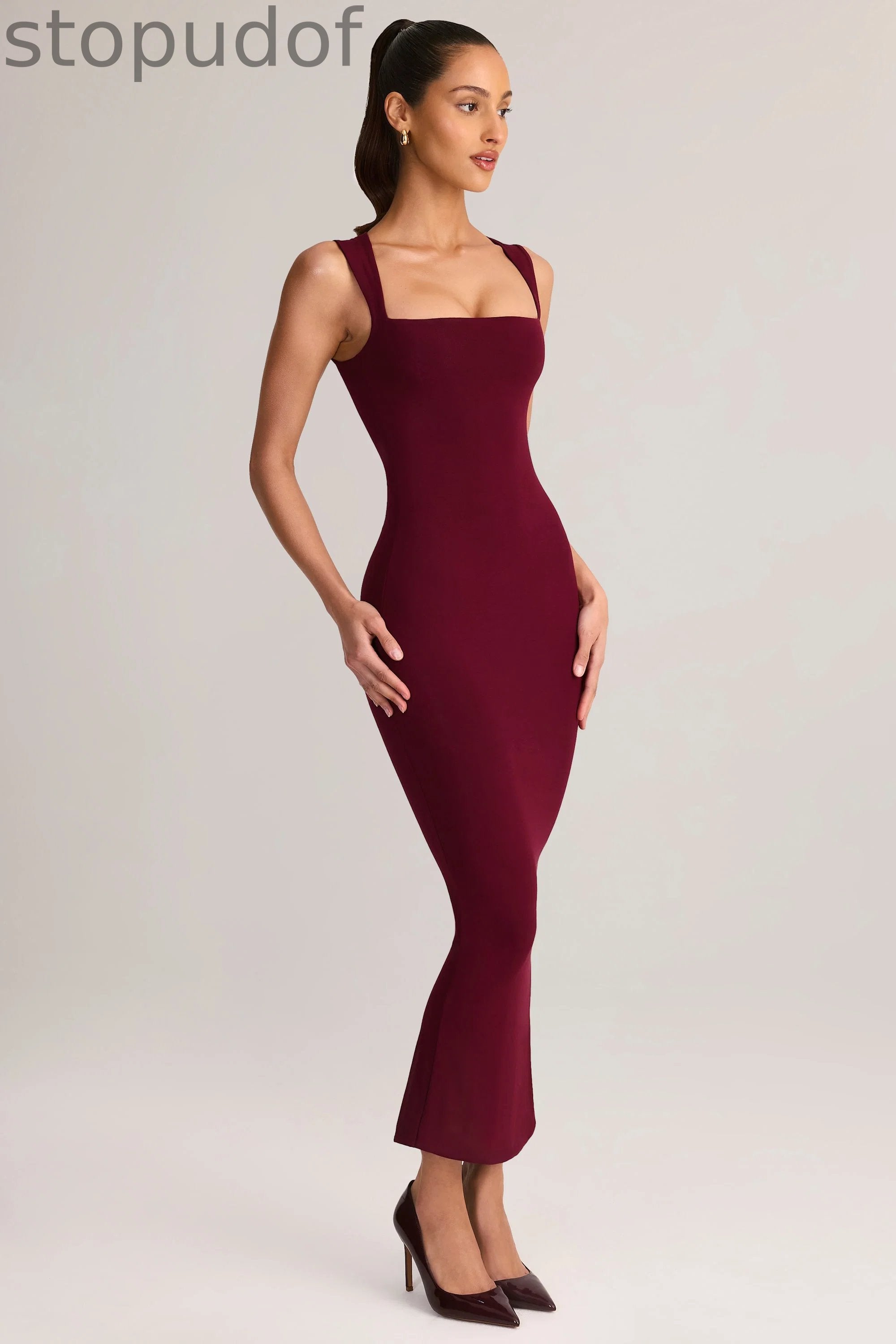 Modal Square-Neck Bodycon Midi Dress in Wine