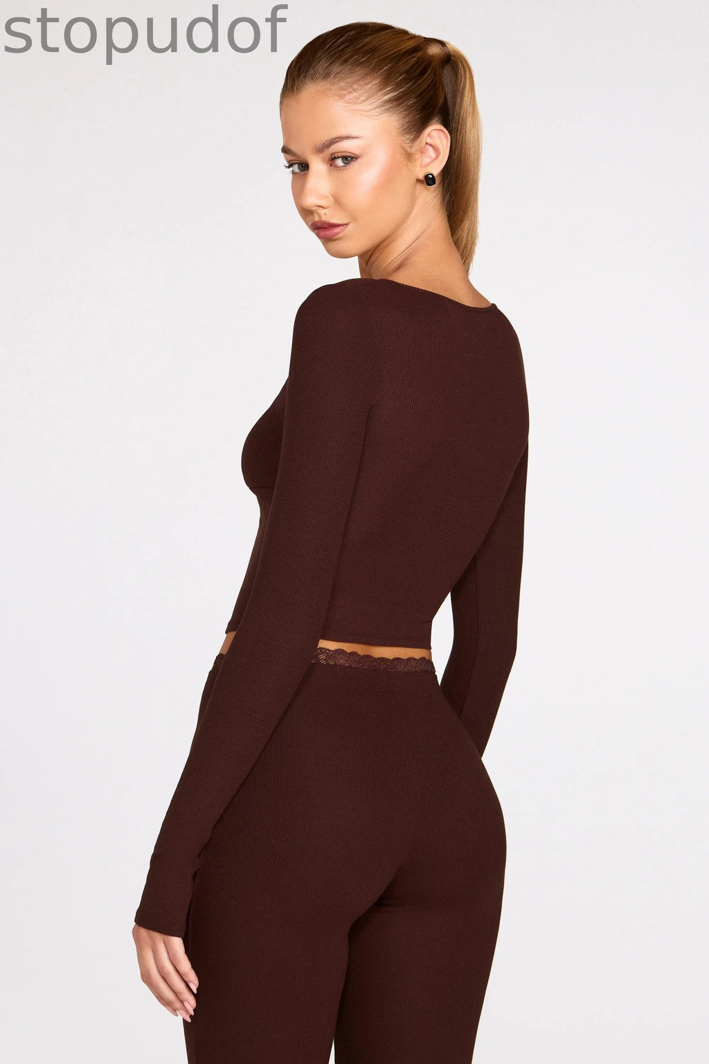 Ribbed Modal Long-Sleeve Laced Bra Top in Chocolate Brown