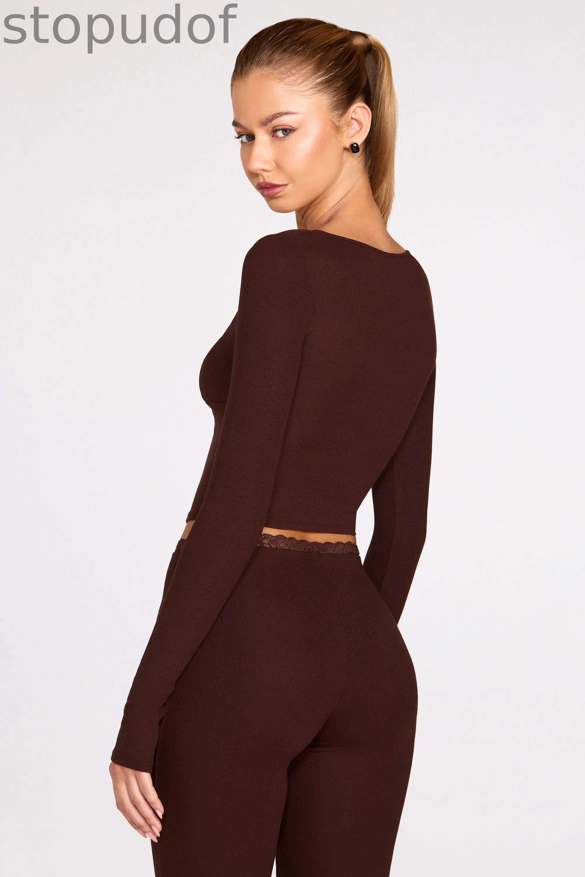 Ribbed Modal Long-Sleeve Laced Bra Top in Chocolate Brown