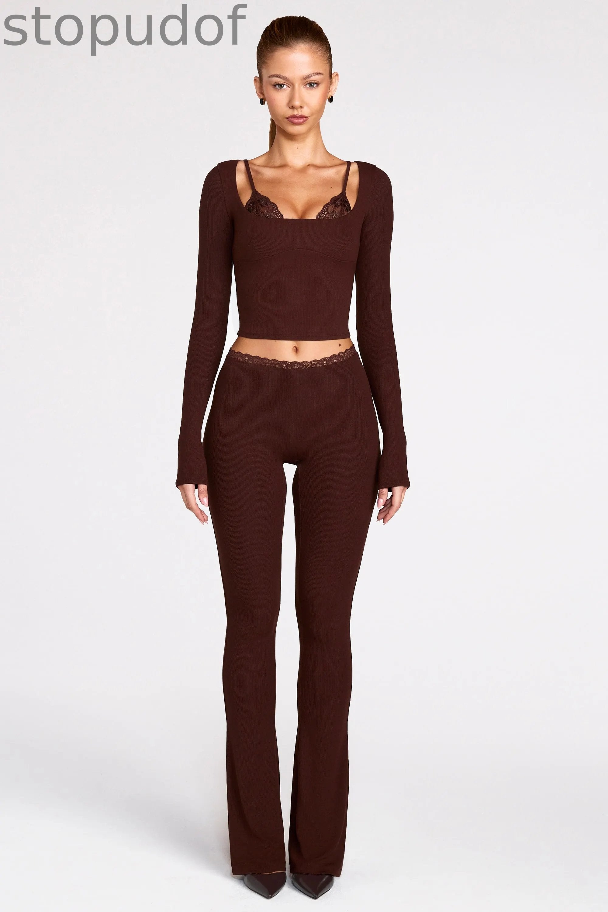 Ribbed Modal Long-Sleeve Laced Bra Top in Chocolate Brown