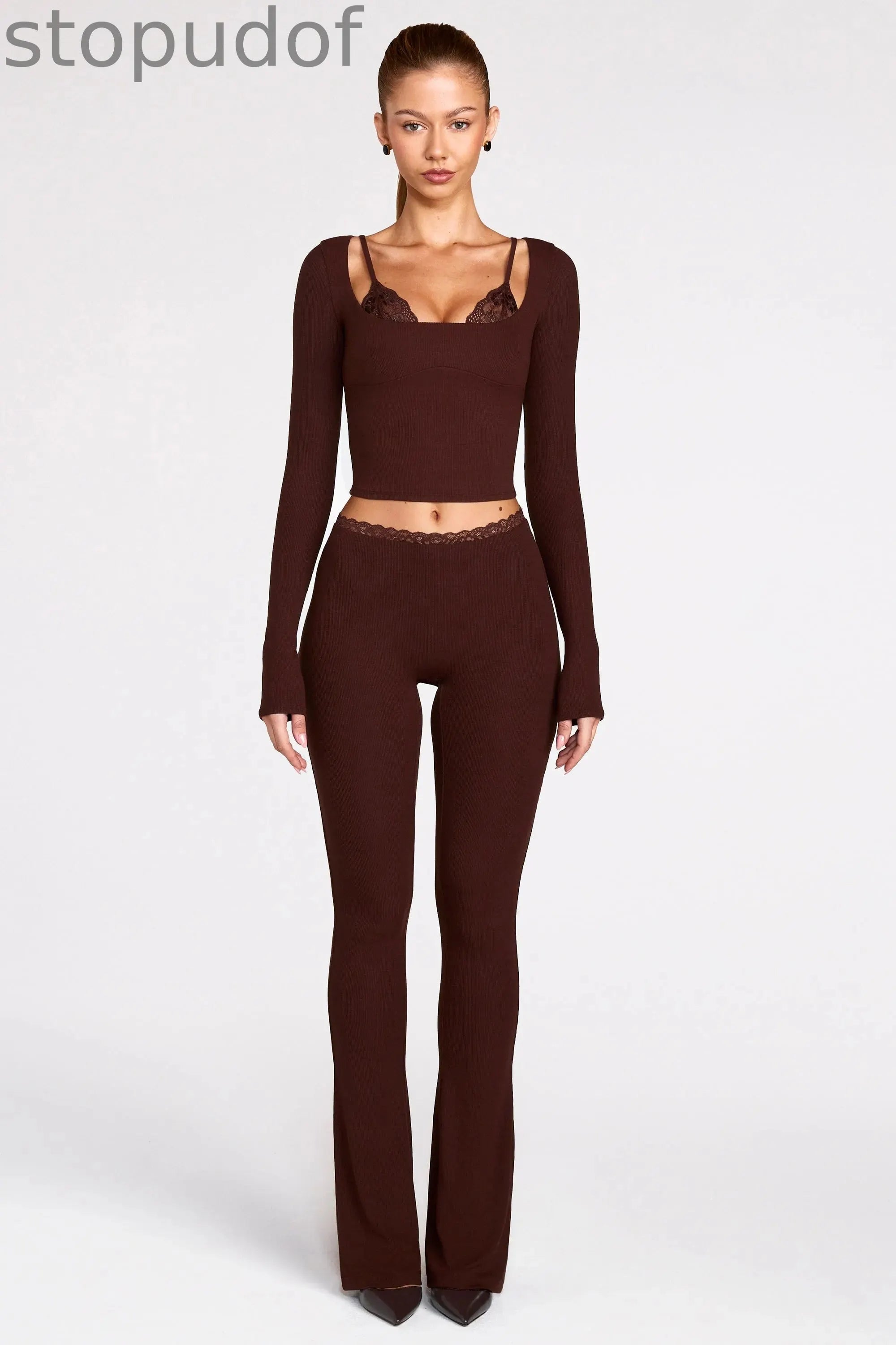 Modal Mid-Rise Flared Trousers in Chocolate Brown