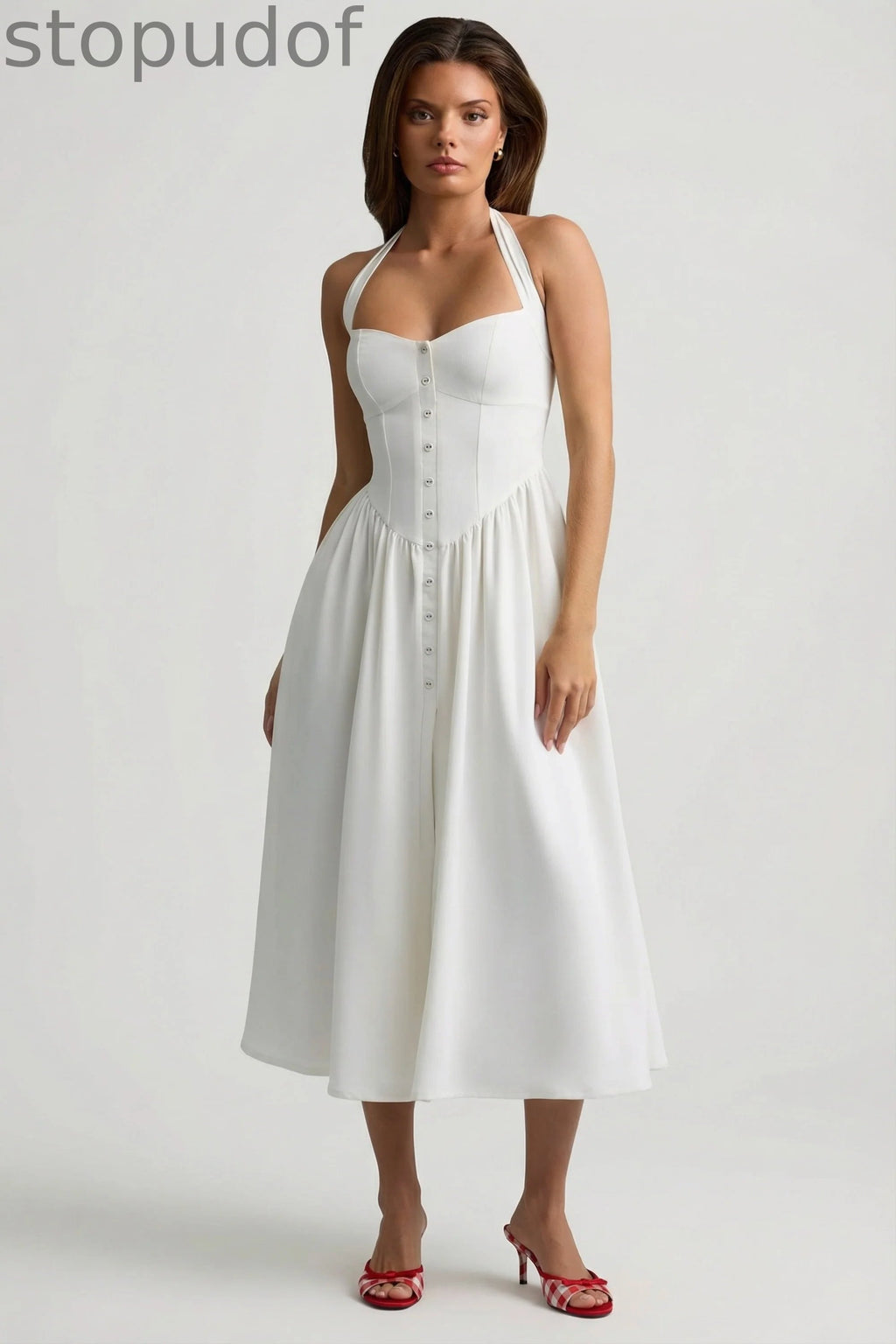 Button-Detail Halterneck Midaxi Dress in White