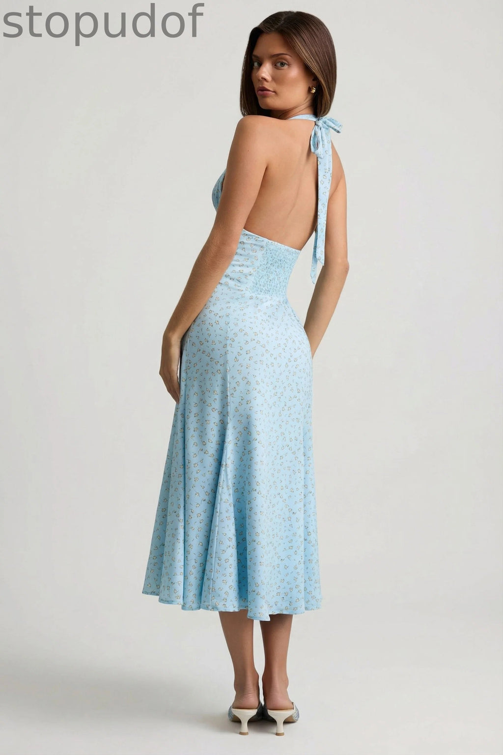 Halterneck Midaxi Dress in Blue Flower Print