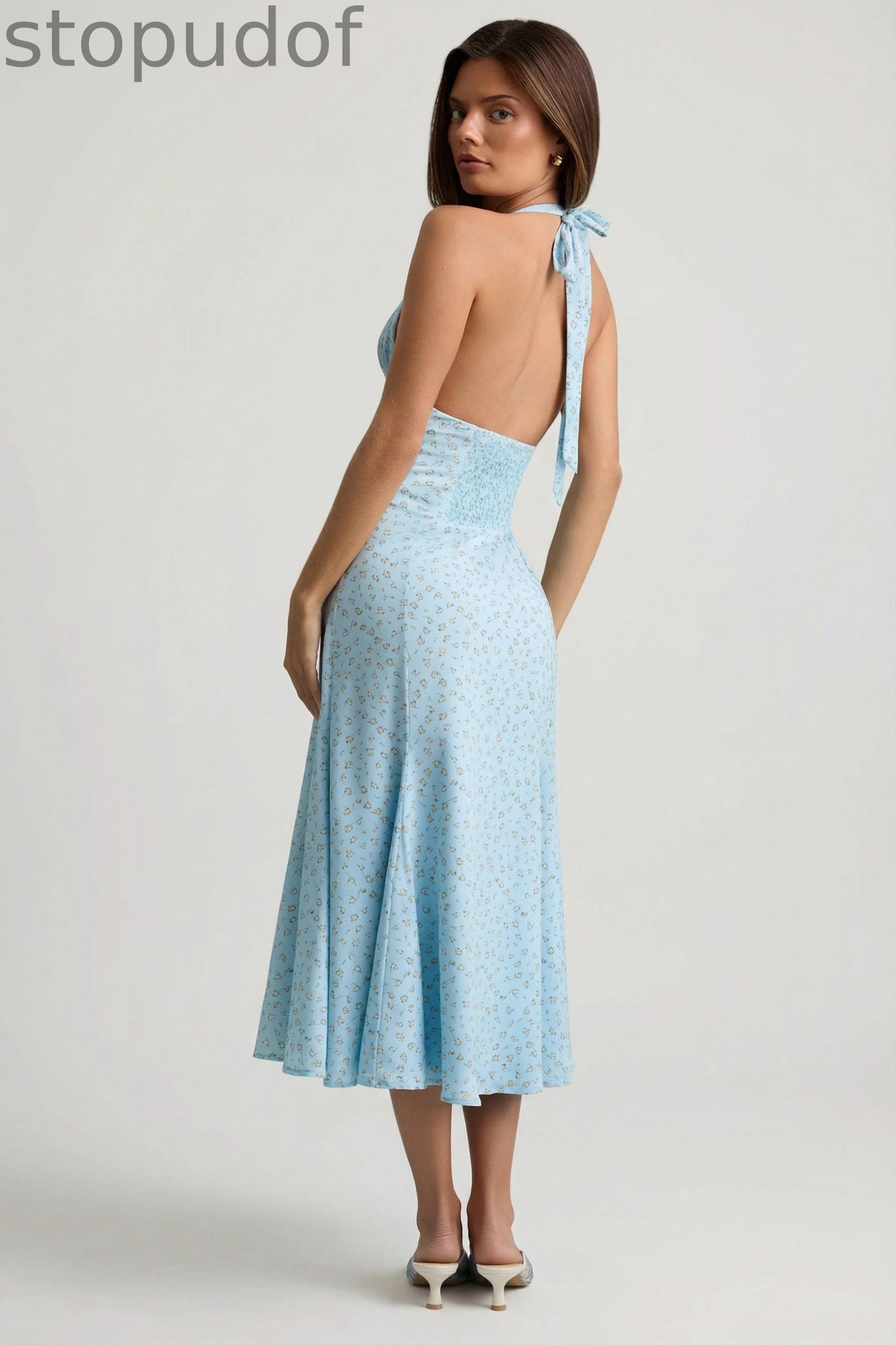 Halterneck Midaxi Dress in Blue Flower Print