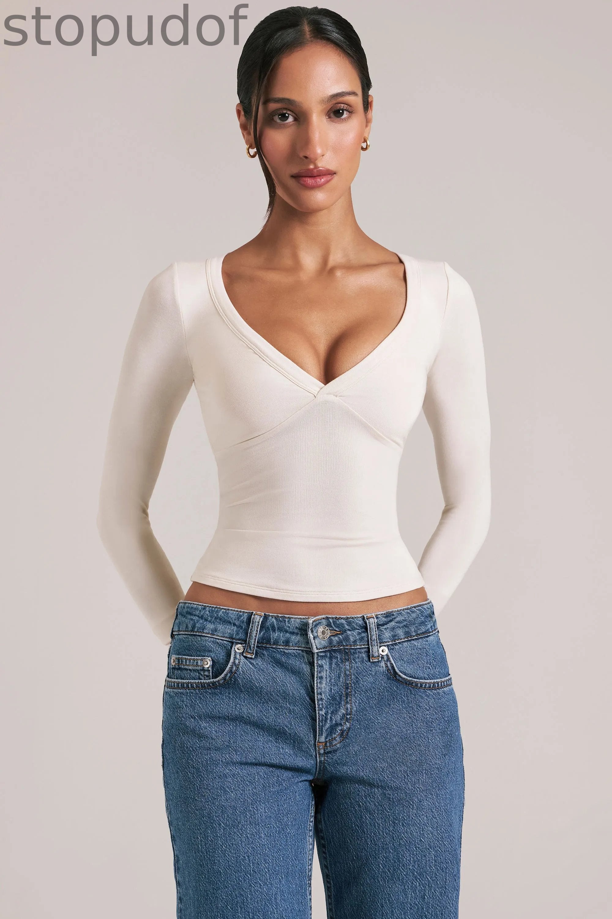 V-Neck Long-Sleeve Top  in Vanilla