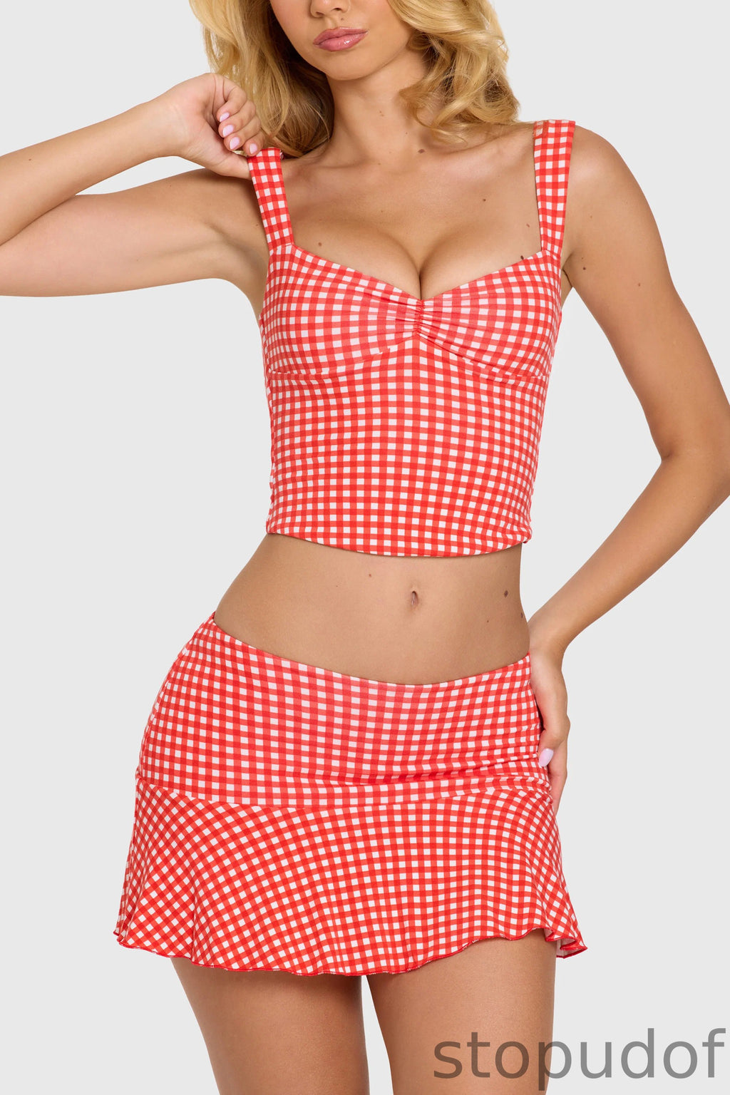 Modal Ruched Bust Top in Red Gingham