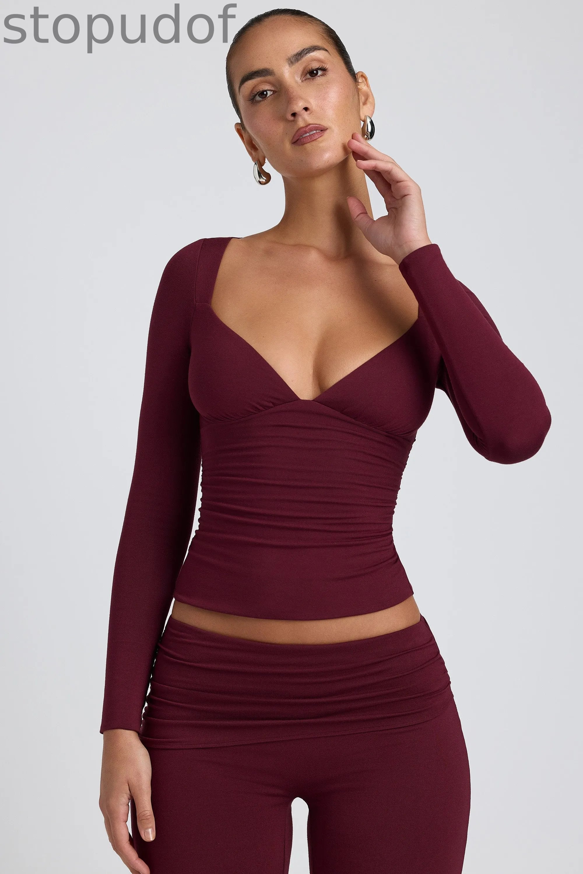 Modal Ruched Long-Sleeve Top in Plum
