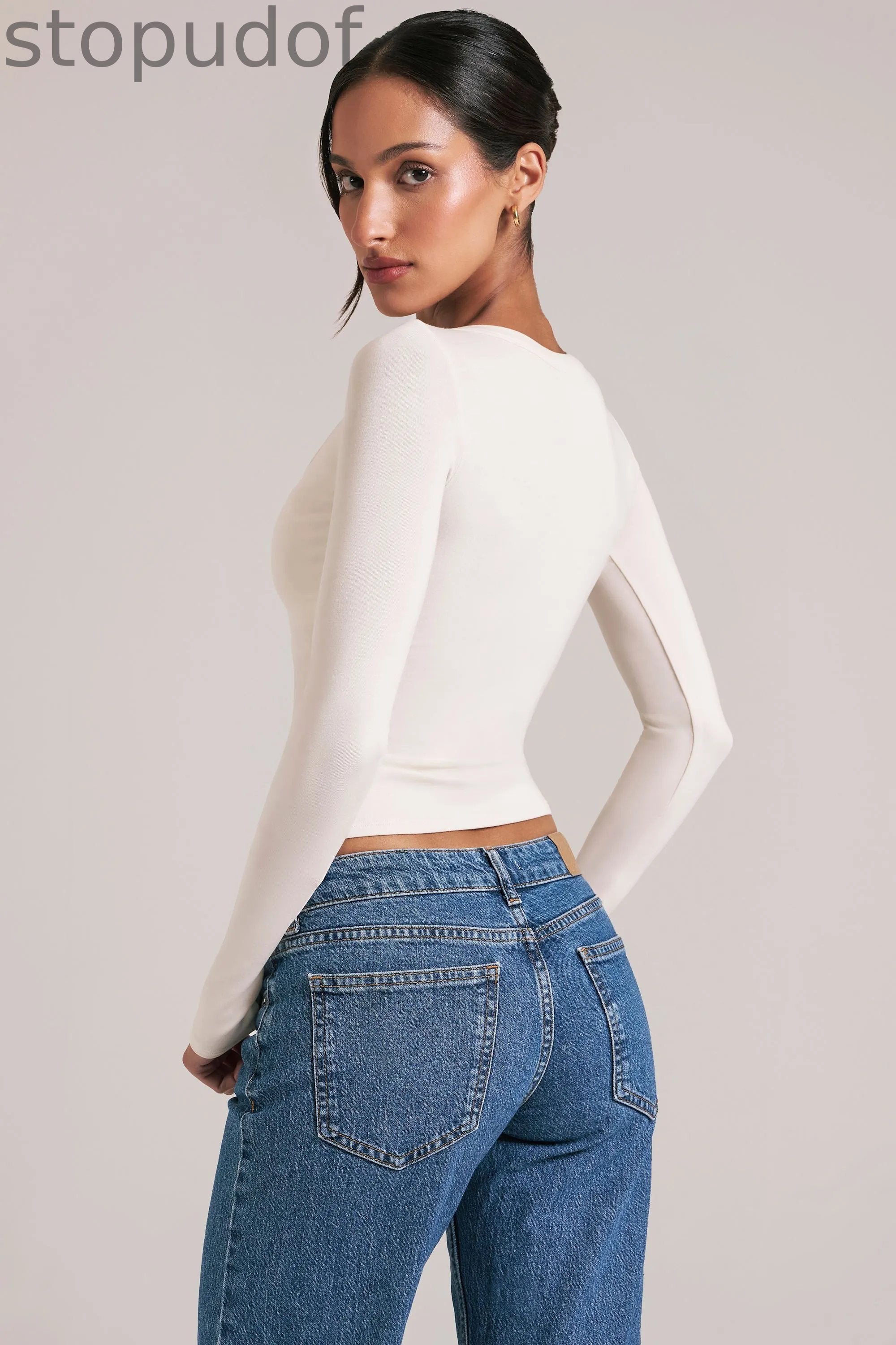 V-Neck Long-Sleeve Top  in Vanilla