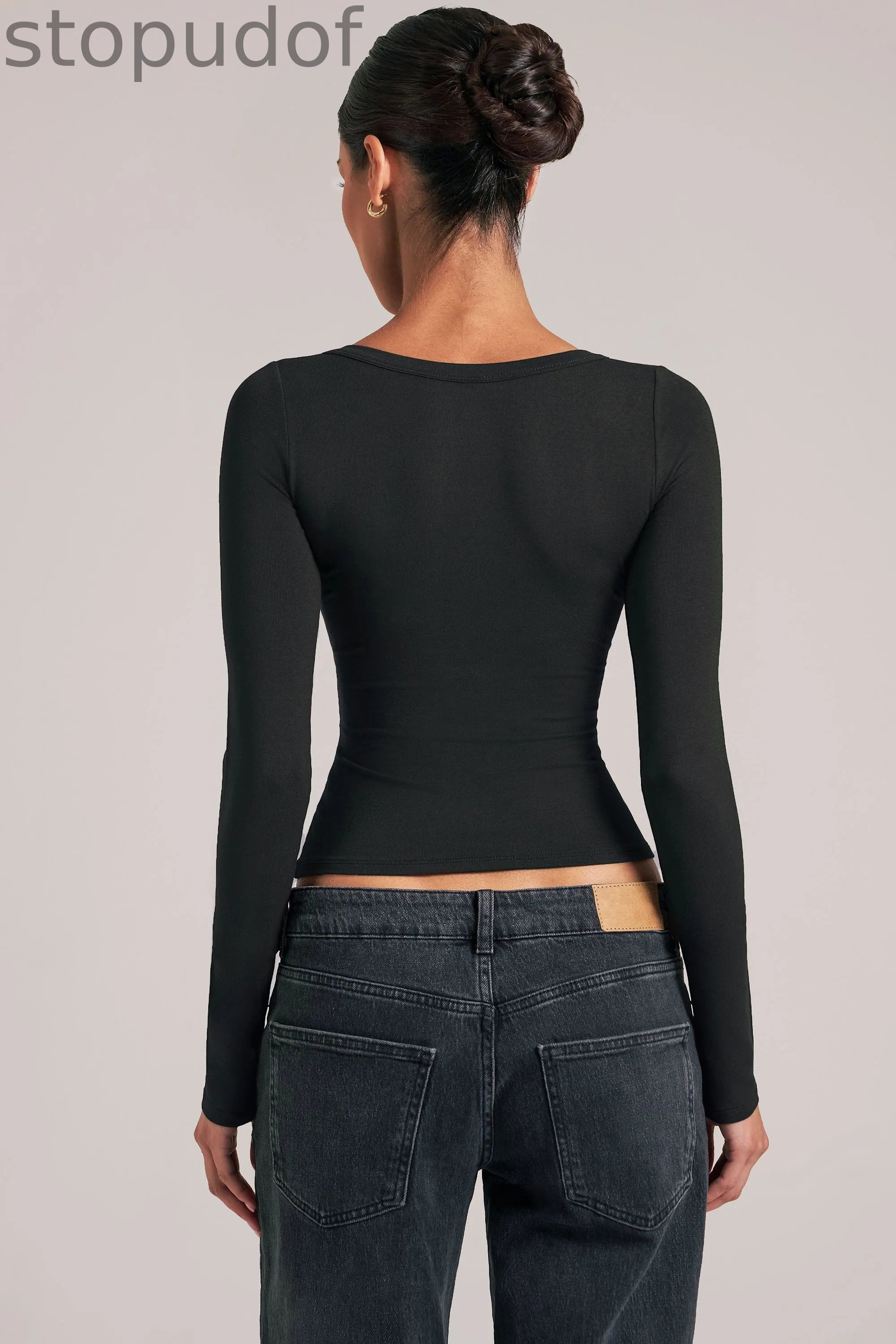 V-Neck Long-Sleeve Top  in Black