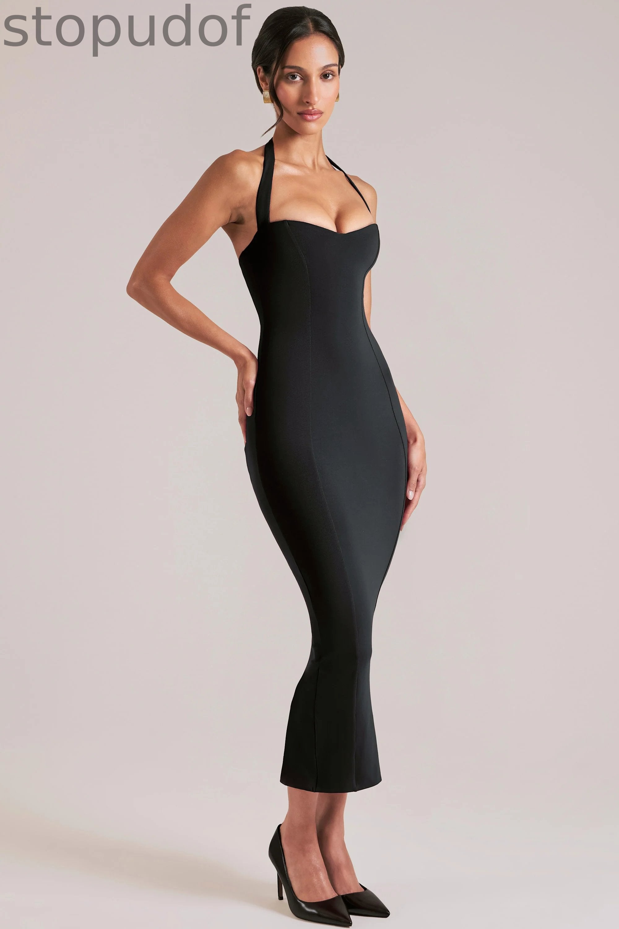 Halterneck Midaxi Dress in Black