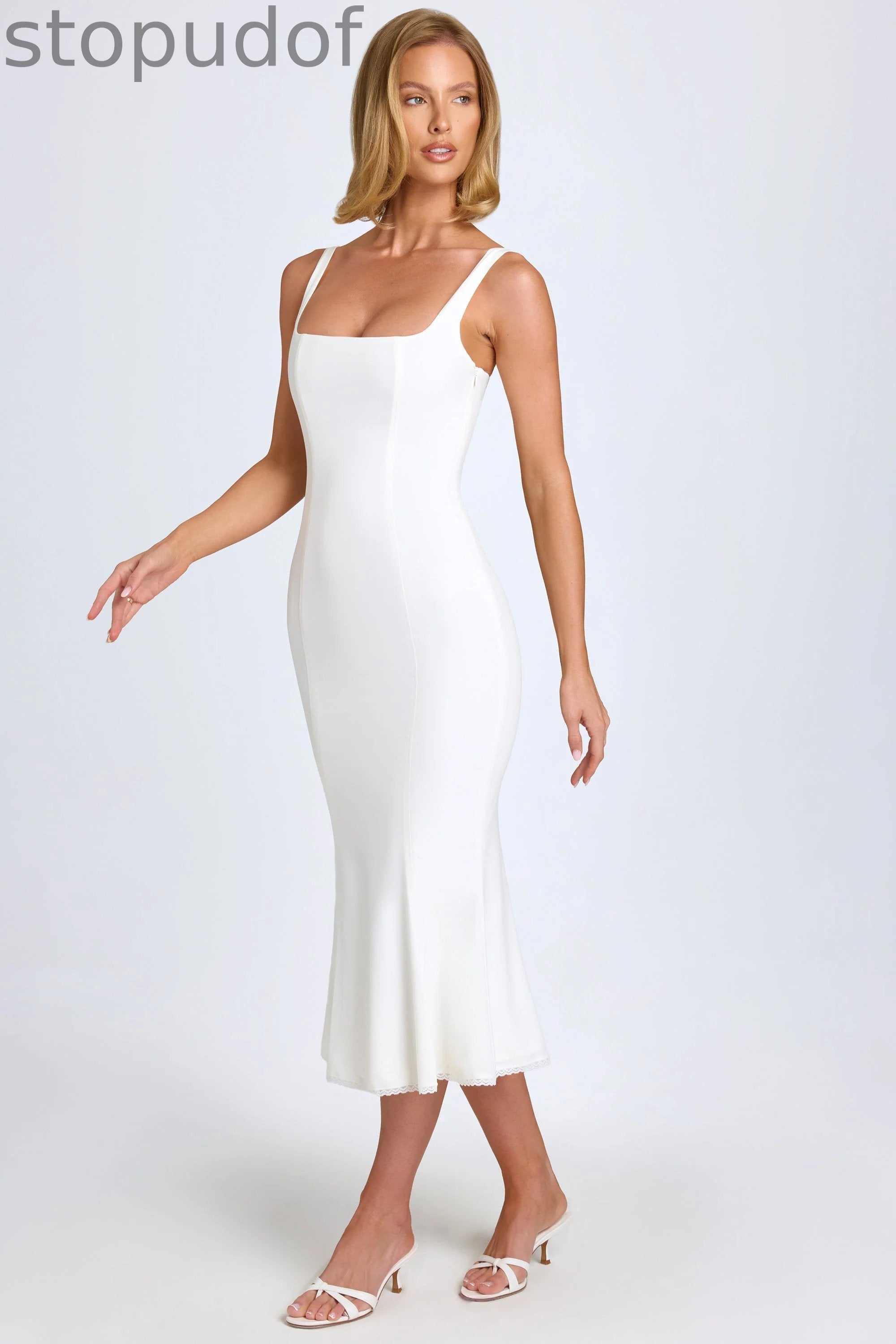 Lace-Trim Midaxi Dress in White