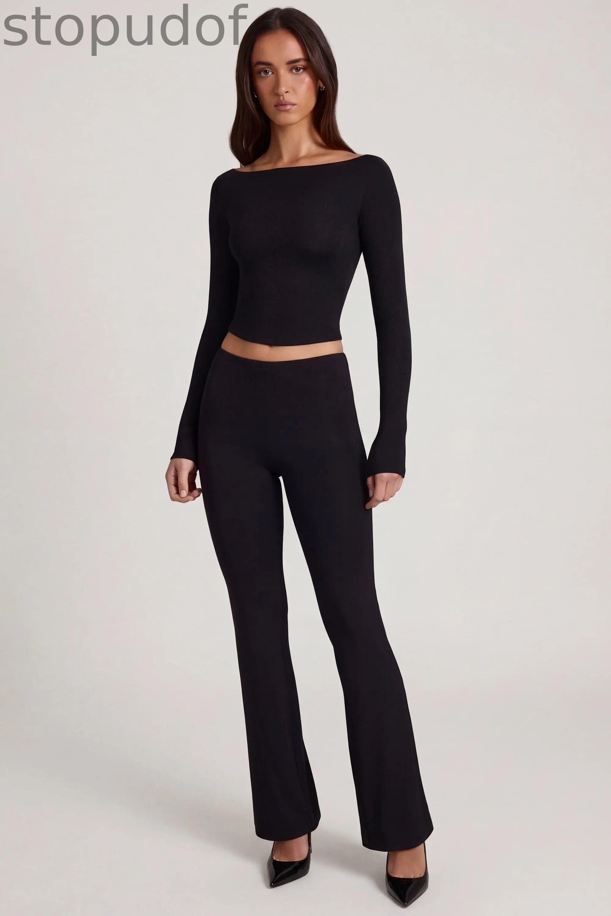 Modal Mid-Rise Flared Trousers in Black
