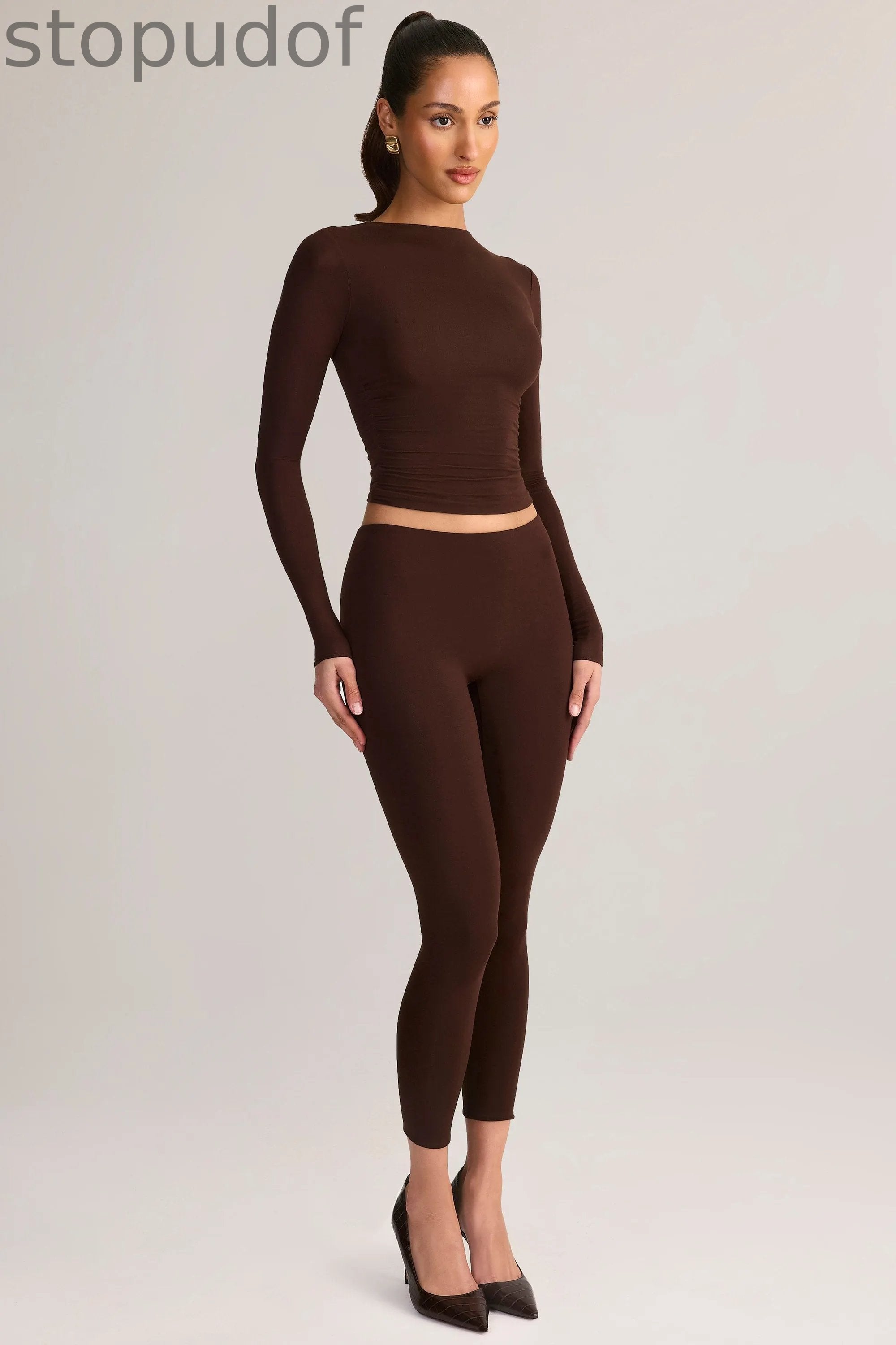 Modal Ruched Long-Sleeve Top in Chocolate Brown