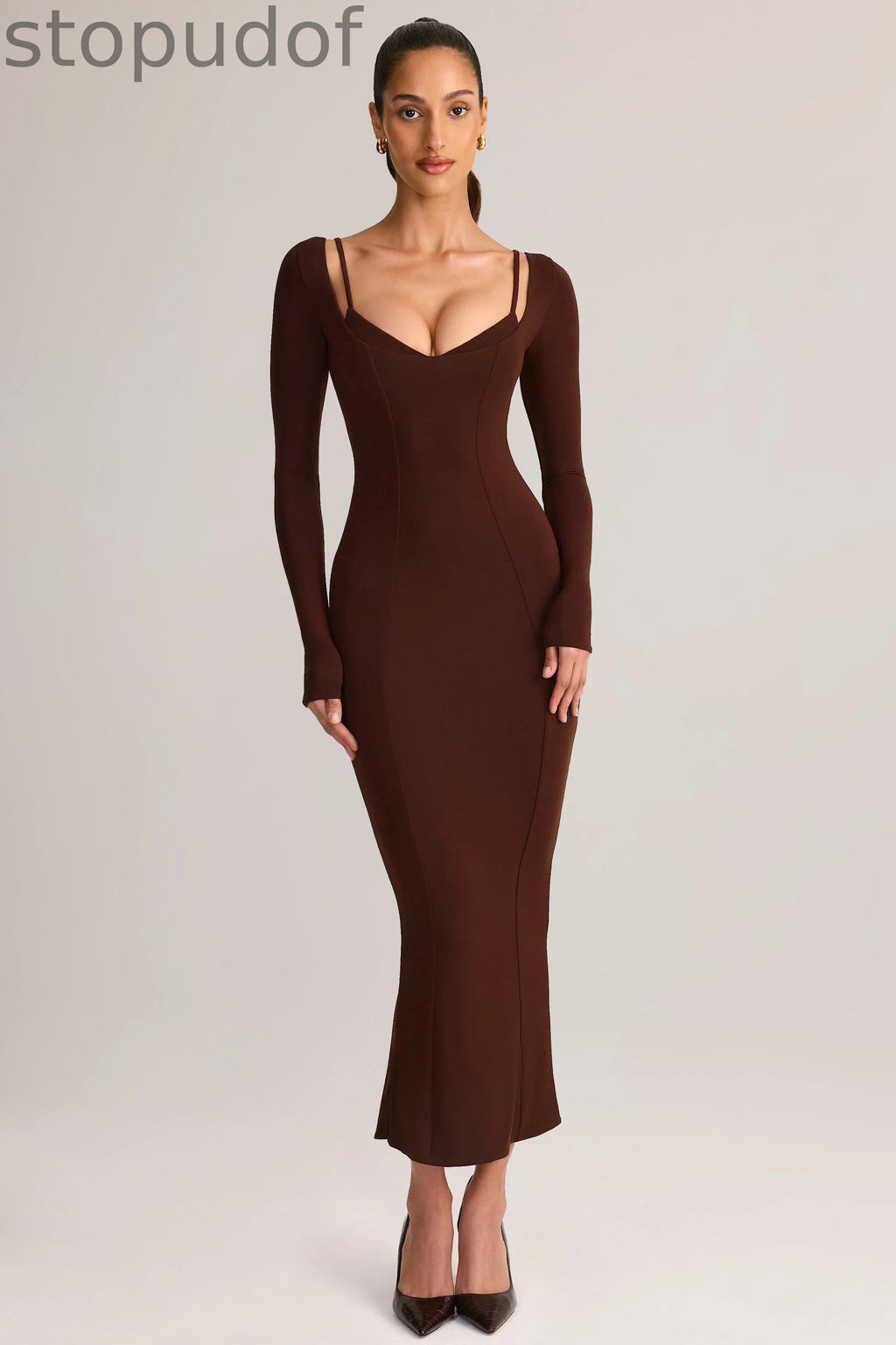 Modal Peekaboo Long-Sleeve Midi Dress in Chocolate Brown